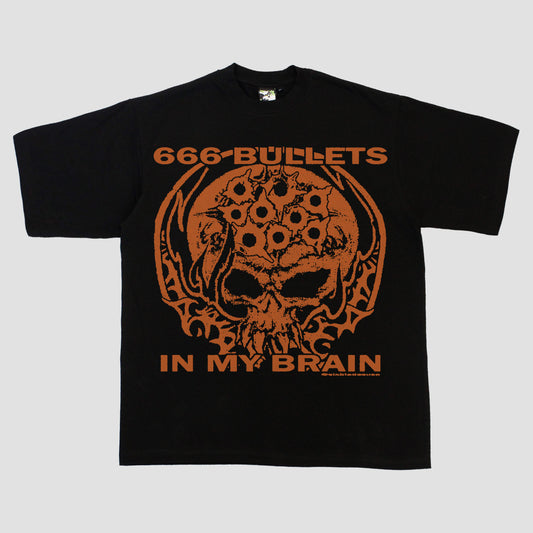 "666 BULLETS IN MY BRAIN" HEAVYWEIGHT TEE (BLACK/ORANGE)