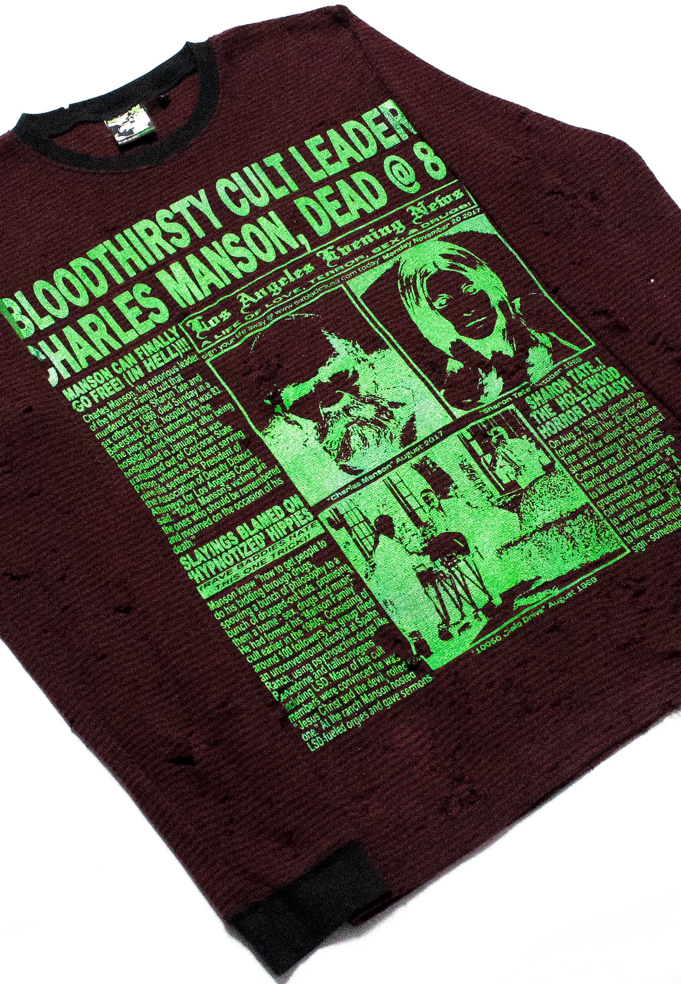 "LOS ANGELES EVENING NEWS//LOVE/TERROR/SEX/DRUGS" Thrashed Striped Longsleeve Shirt (M)