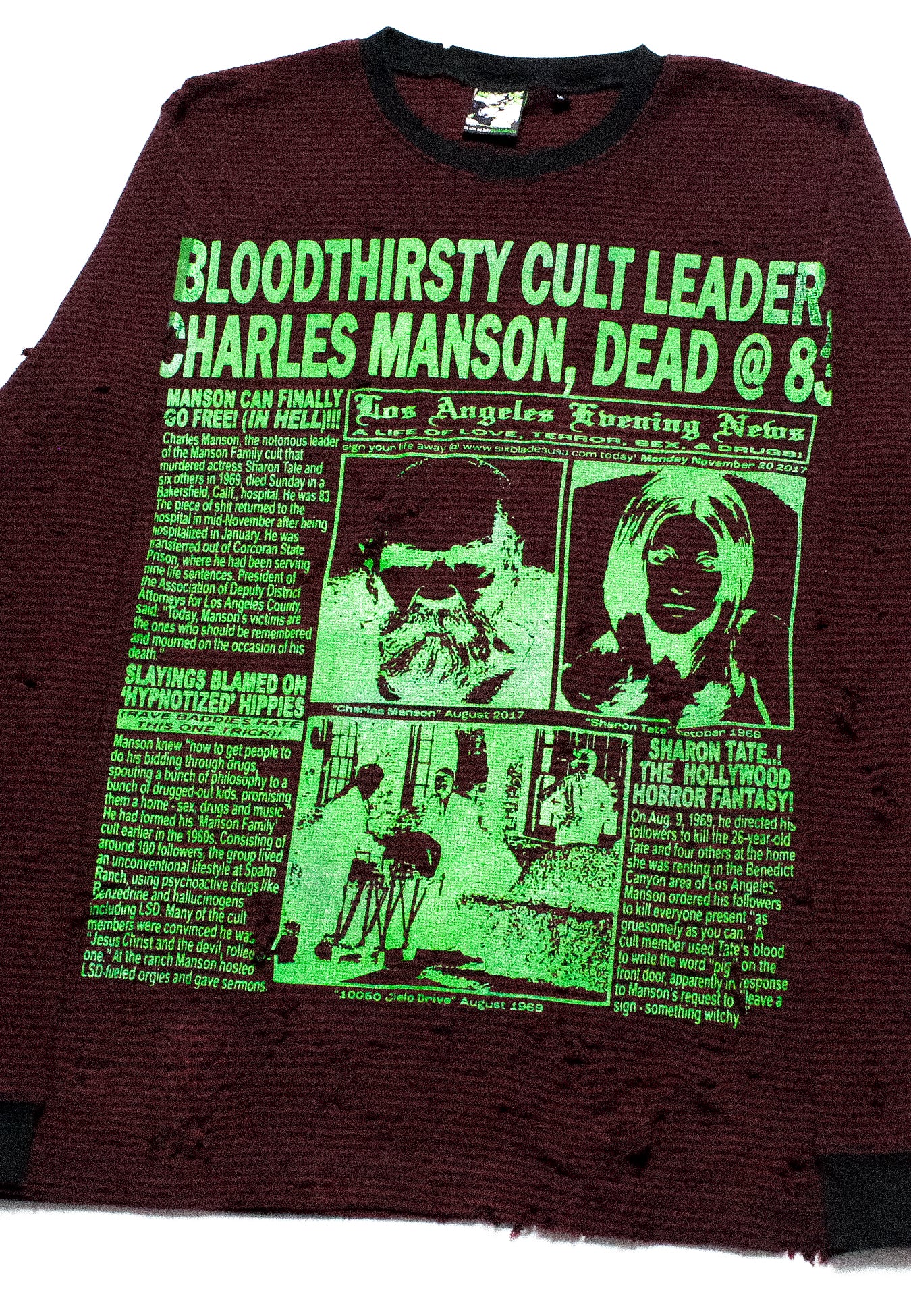 "LOS ANGELES EVENING NEWS//LOVE/TERROR/SEX/DRUGS" Thrashed Striped Longsleeve Shirt (M)