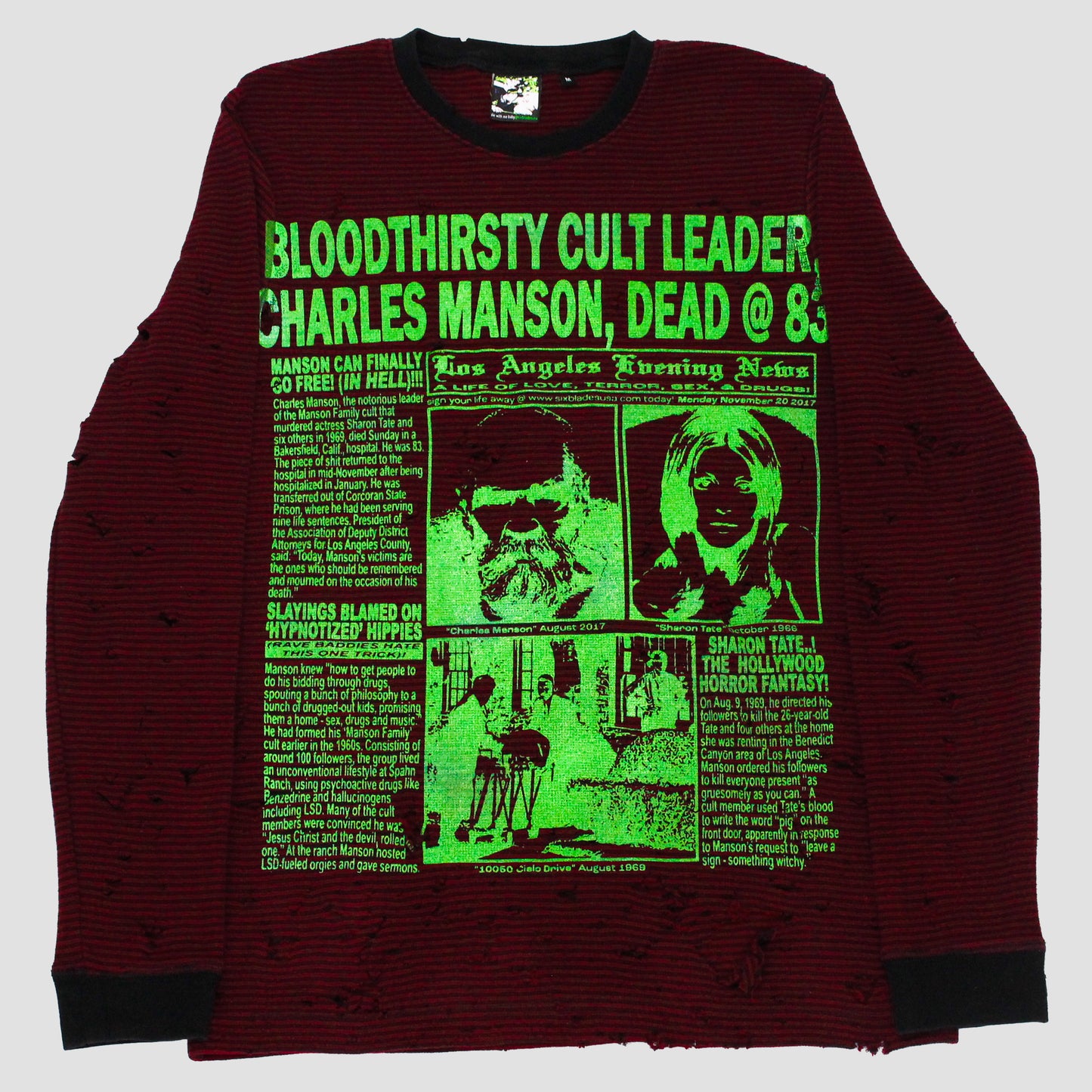 "LOS ANGELES EVENING NEWS//LOVE/TERROR/SEX/DRUGS" Thrashed Striped Longsleeve Shirt (M)