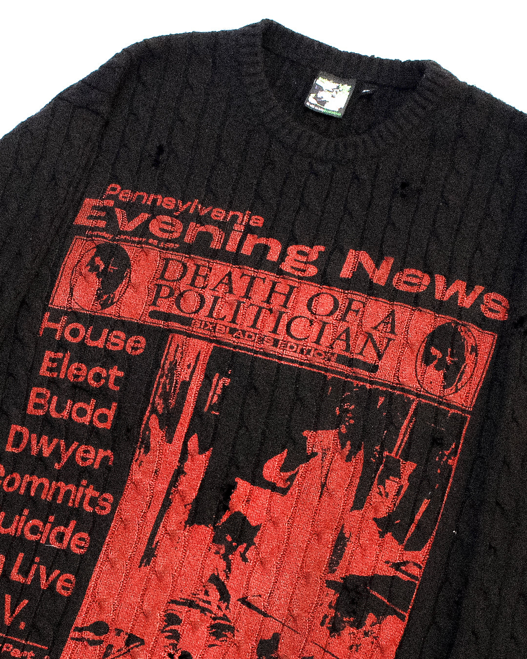 "PENNSYLVANIA EVENING NEWS//DIE LIKE DWYER" Heavyweight Distressed Knit (XL)