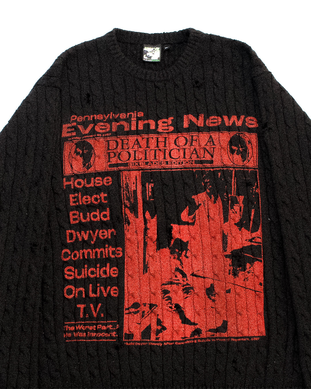 "PENNSYLVANIA EVENING NEWS//DIE LIKE DWYER" Heavyweight Distressed Knit (XL)