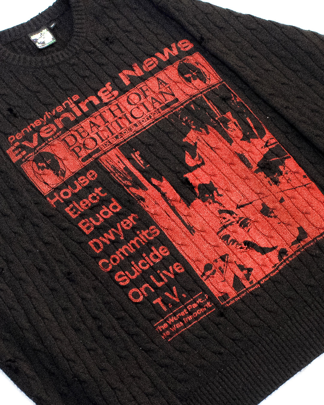 "PENNSYLVANIA EVENING NEWS//DIE LIKE DWYER" Heavyweight Distressed Knit (XL)