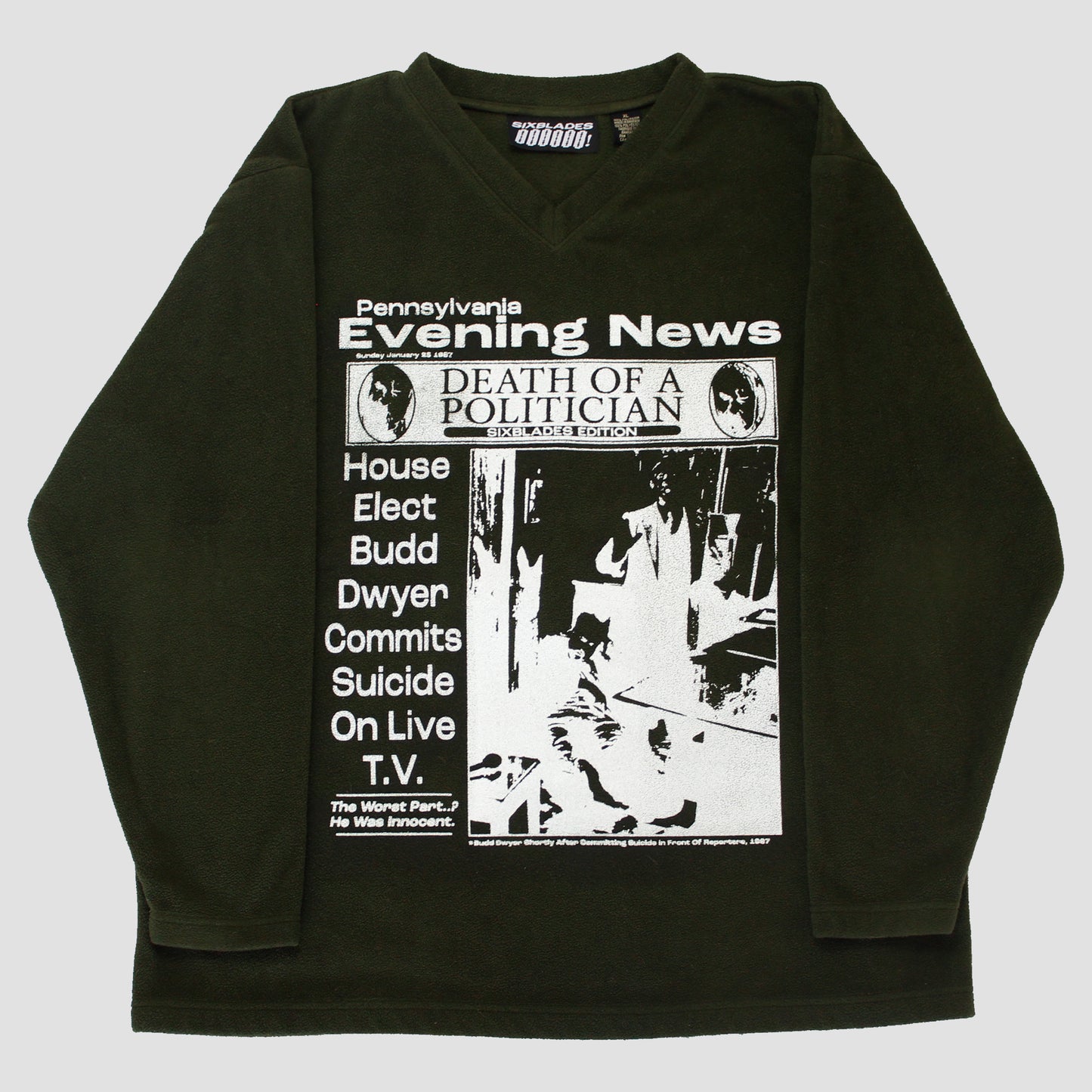 "PENNSYLVANIA EVENING NEWS//DIE LIKE DWYER" Heavyweight Fleece Sweater (XL)