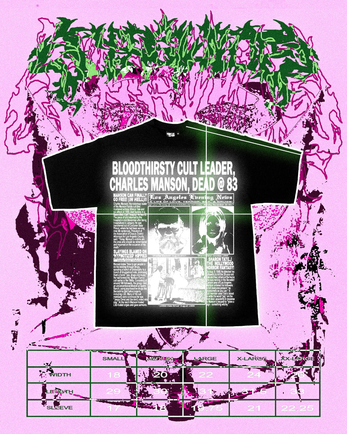 "LOS ANGELES EVENING NEWS//LOVE/TERROR/SEX/DRUGS" Heavyweight Tee (Glitter Ink)