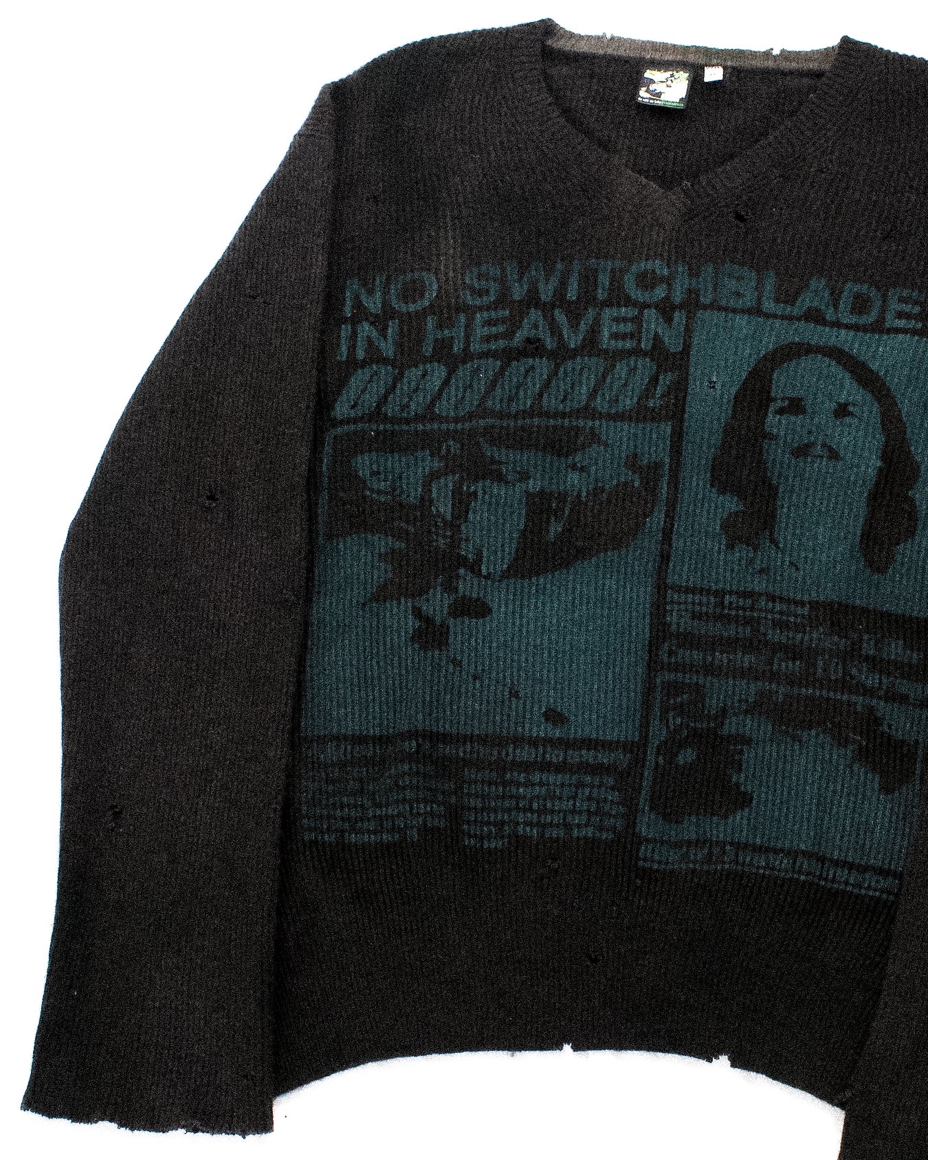 "NO SWITCHBLADES IN HEAVEN" Thrashed & Cropped Knit Sweater (XL)