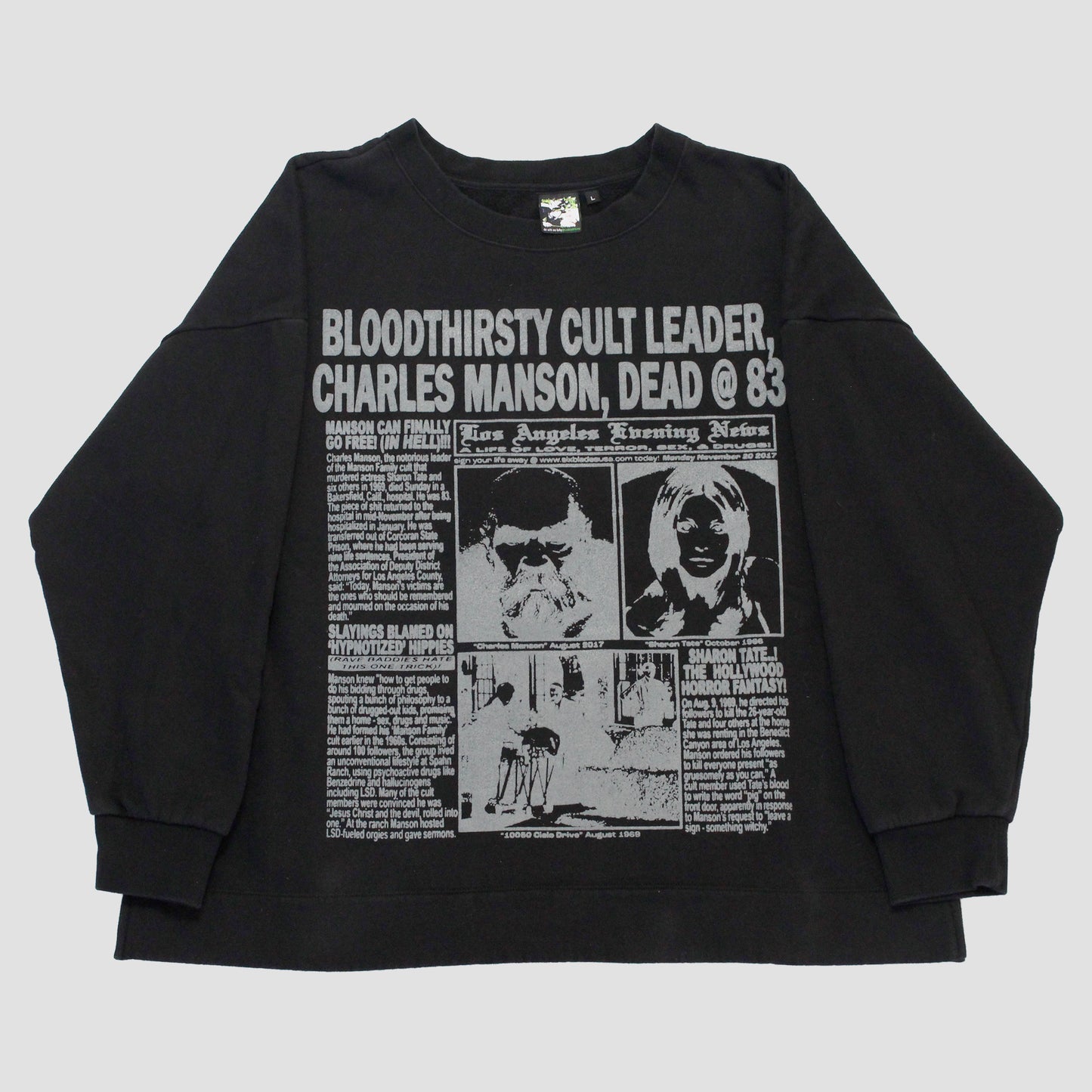 "LOS ANGELES EVENING NEWS//LOVE/TERROR/SEX/DRUGS" Heavyweight Pullover Sweater (L)