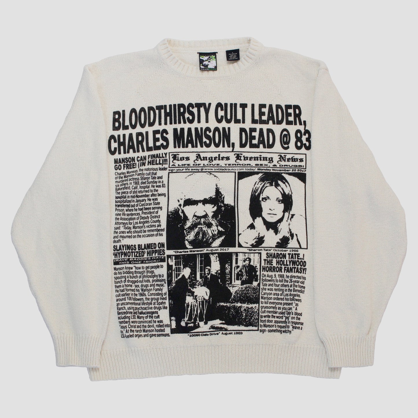 "LOS ANGELES EVENING NEWS//LOVE/TERROR/SEX/DRUGS" Heavyweight Knit Sweater (L)