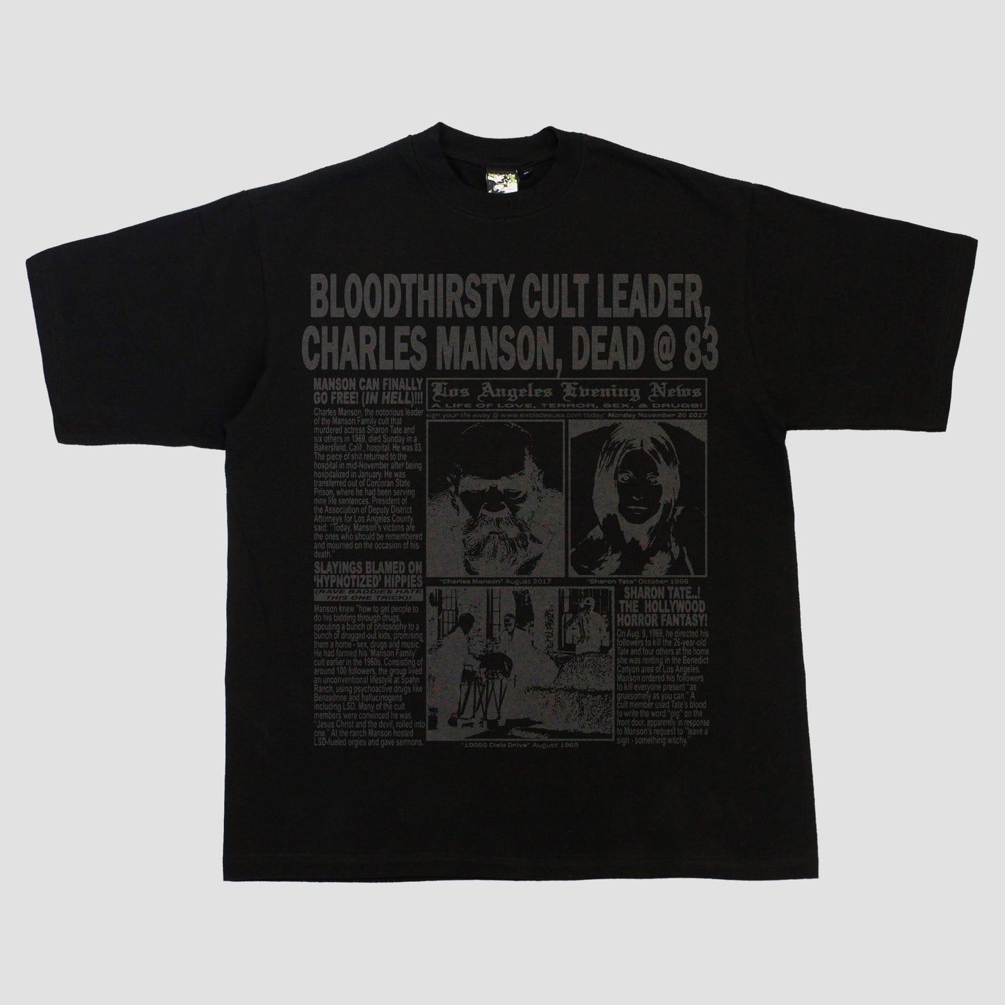 "LOS ANGELES EVENING NEWS//LOVE/TERROR/SEX/DRUGS" Heavyweight Tee (Glitter Ink)