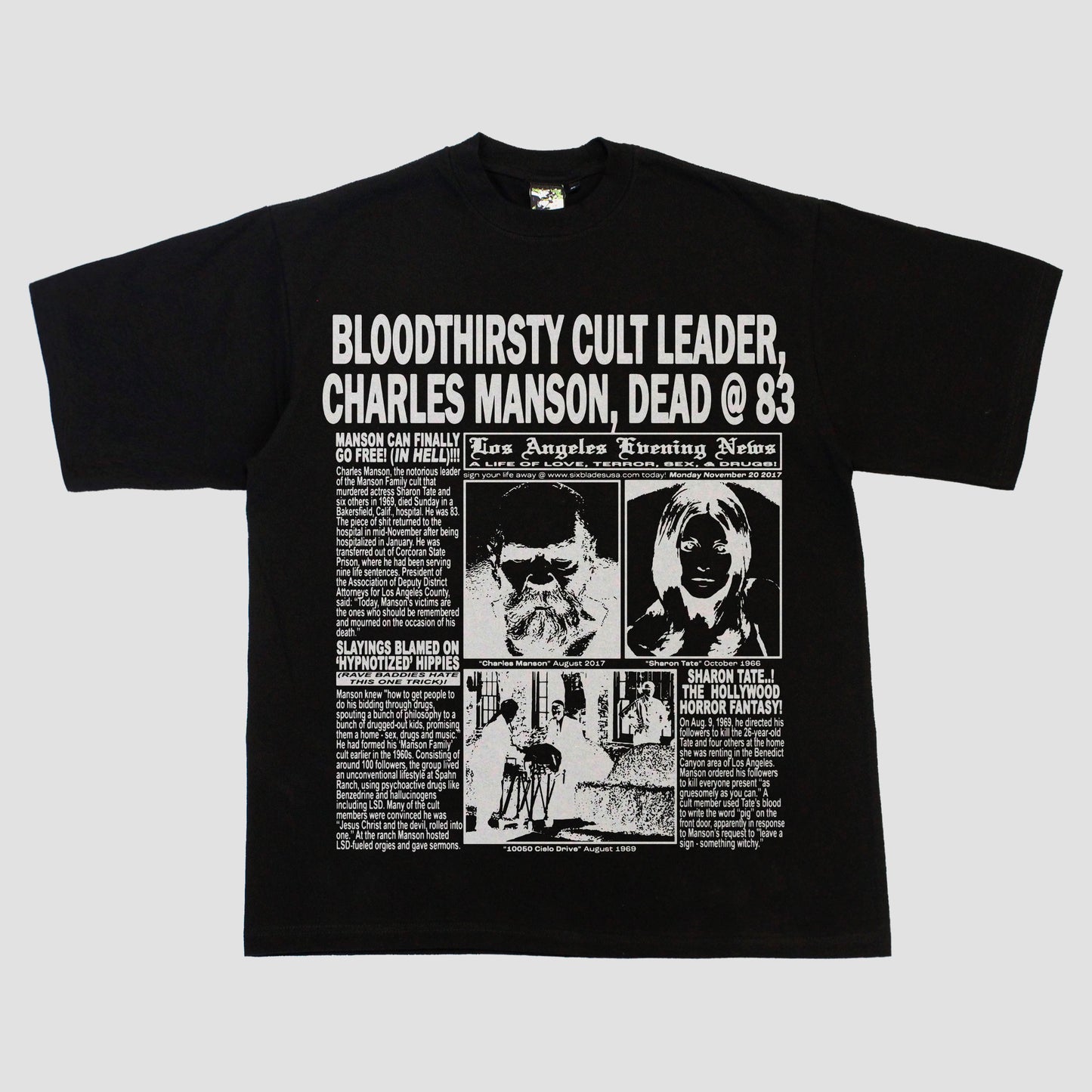 "LOS ANGELES EVENING NEWS//THE MANSON FILES" HEAVYWEIGHT TEE (BLACK/WHITE)