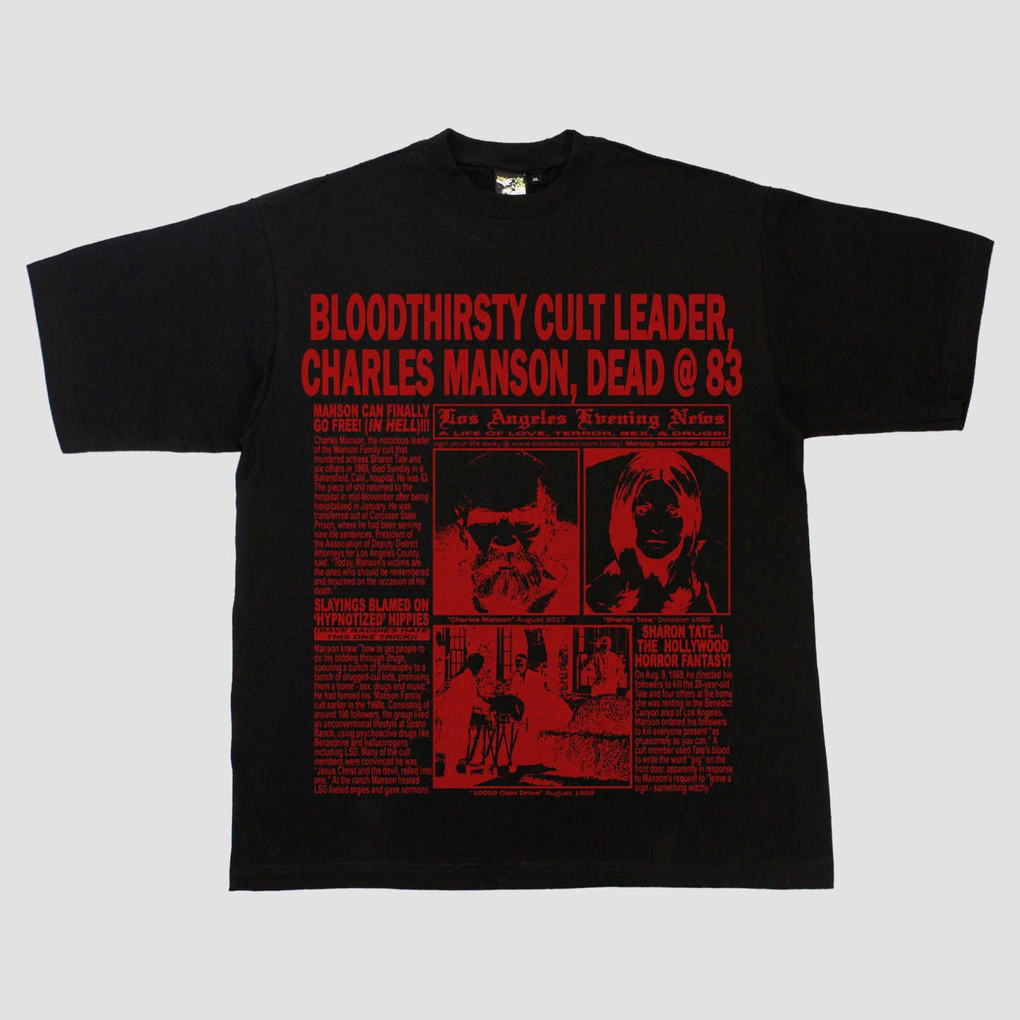 "LOS ANGELES EVENING NEWS//THE MANSON FILES" HEAVYWEIGHT TEE (BLACK/RED)