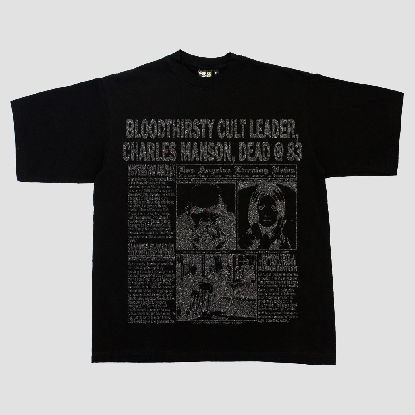 "LOS ANGELES EVENING NEWS//THE MANSON FILES" HEAVYWEIGHT TEE (BLACK/GLITTER)
