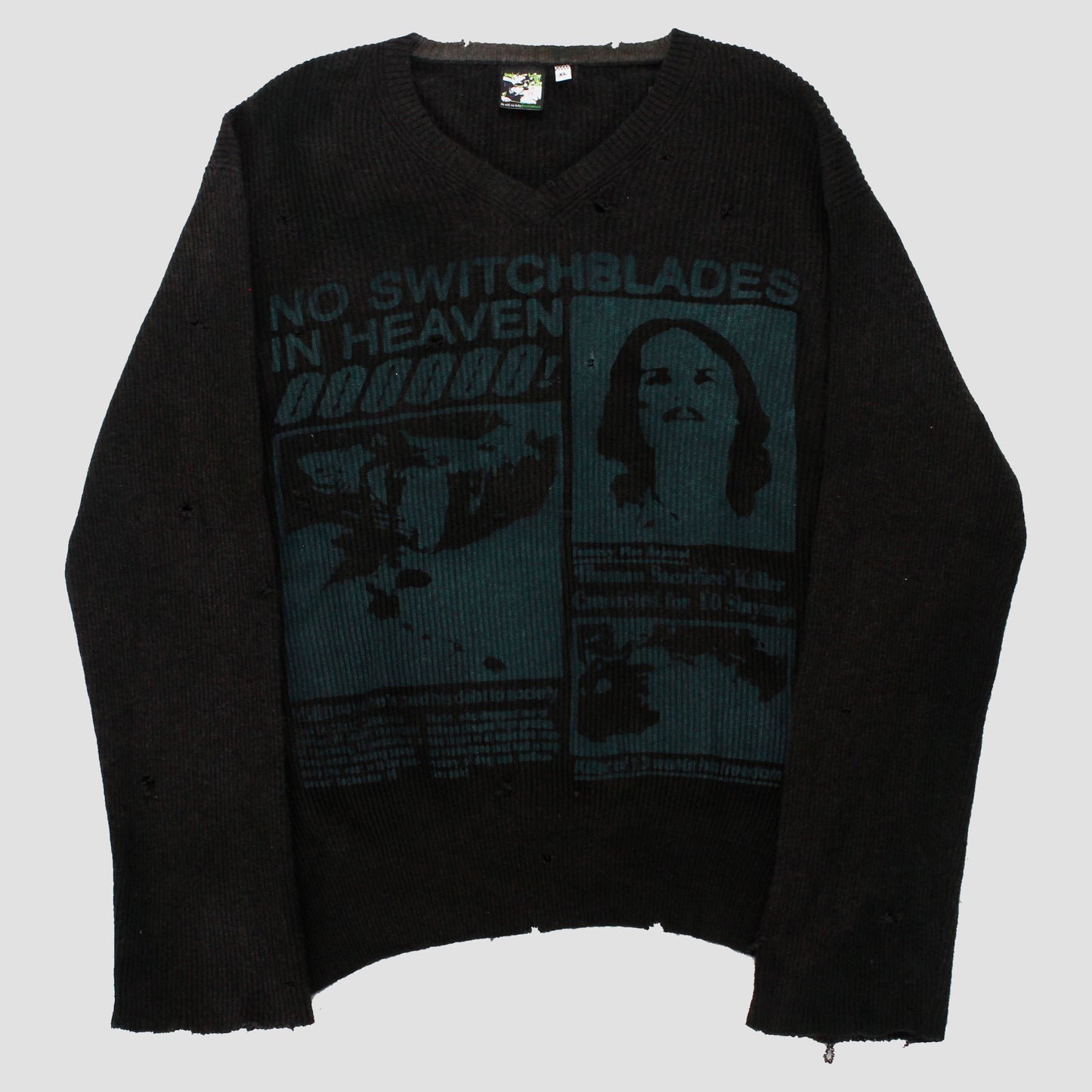 "NO SWITCHBLADES IN HEAVEN" Thrashed & Cropped Knit Sweater (XL)