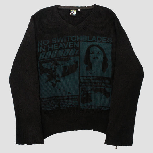 "NO SWITCHBLADES IN HEAVEN" Thrashed & Cropped Knit Sweater (XL)