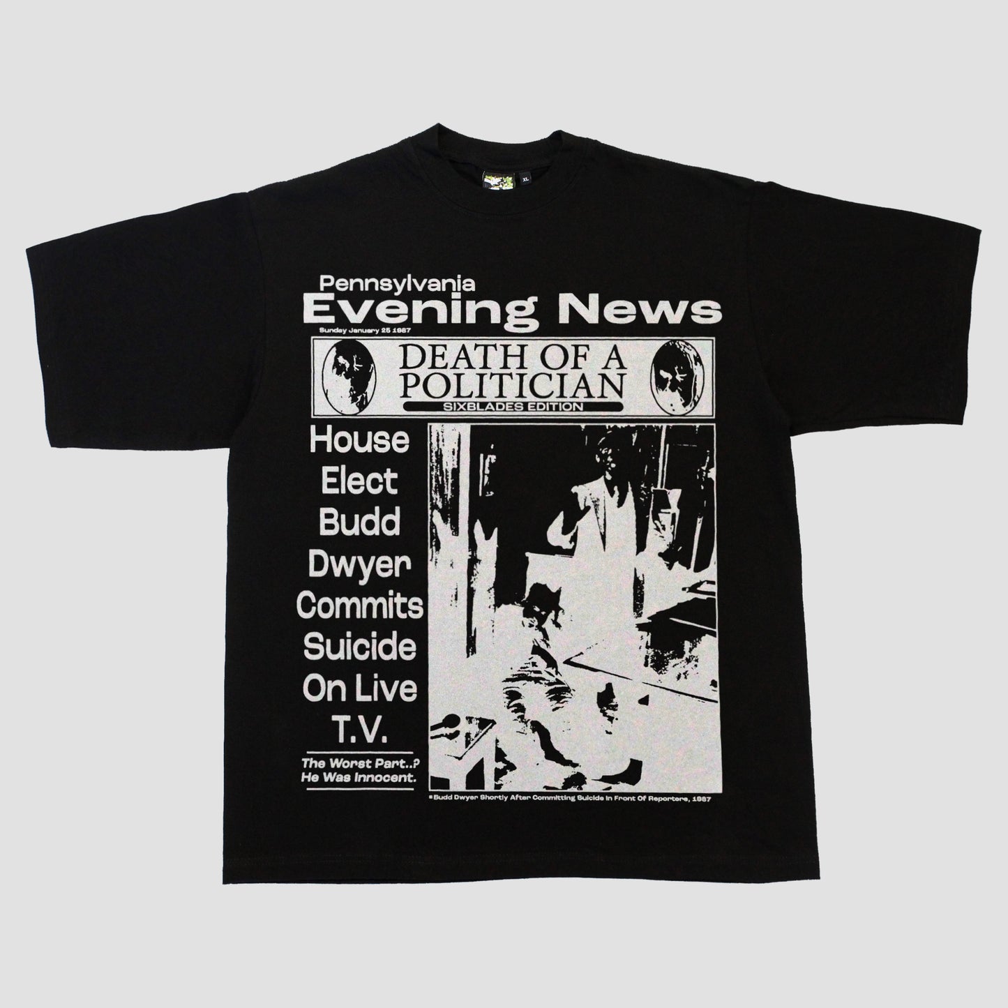 "PENNSYLVANIA EVENING NEWS//DIE LIKE DWYER" HEAVYWEIGHT TEE (BLACK/WHITE)