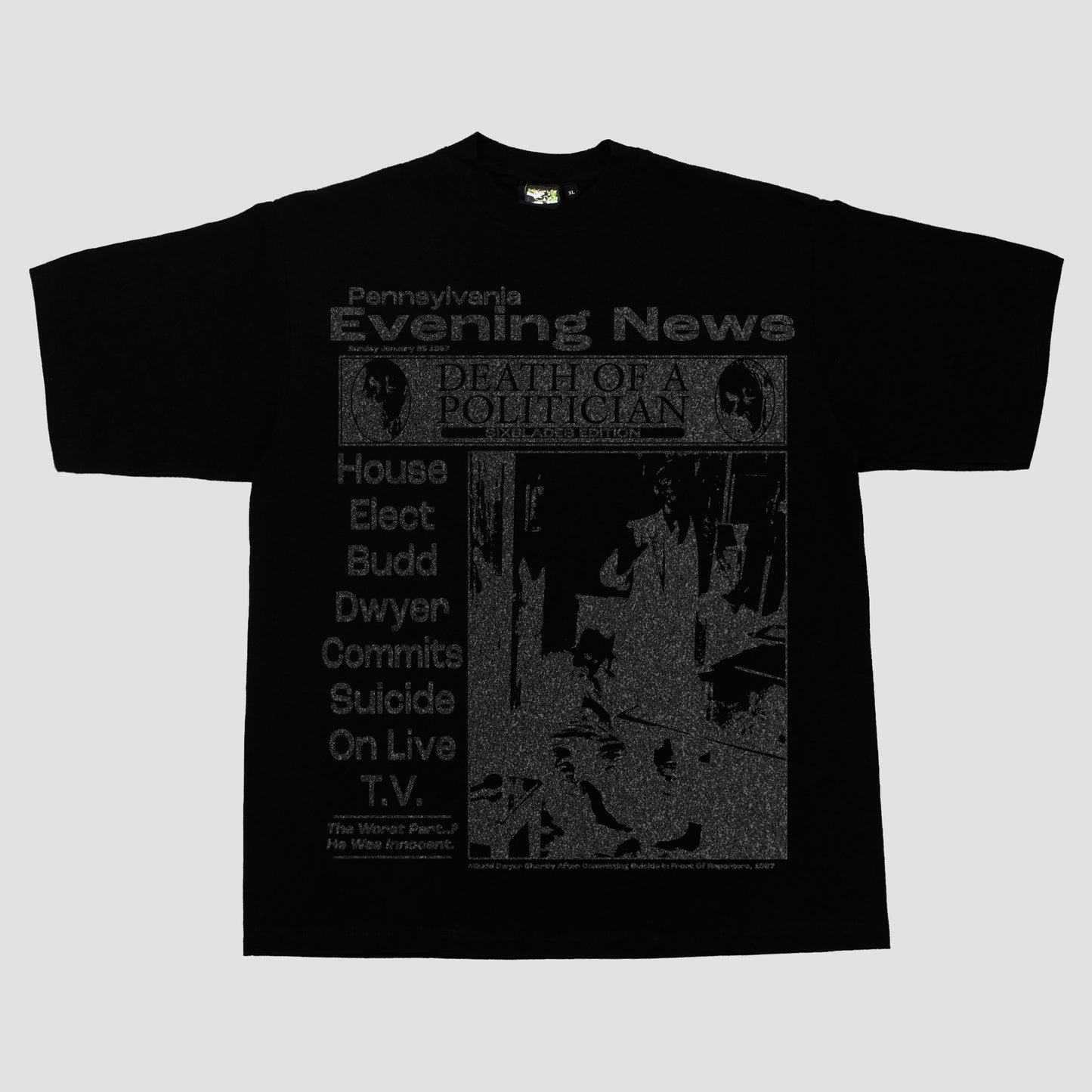 "PENNSYLVANIA EVENING NEWS//DIE LIKE DWYER" HEAVYWEIGHT TEE (BLACK/GLITTER)