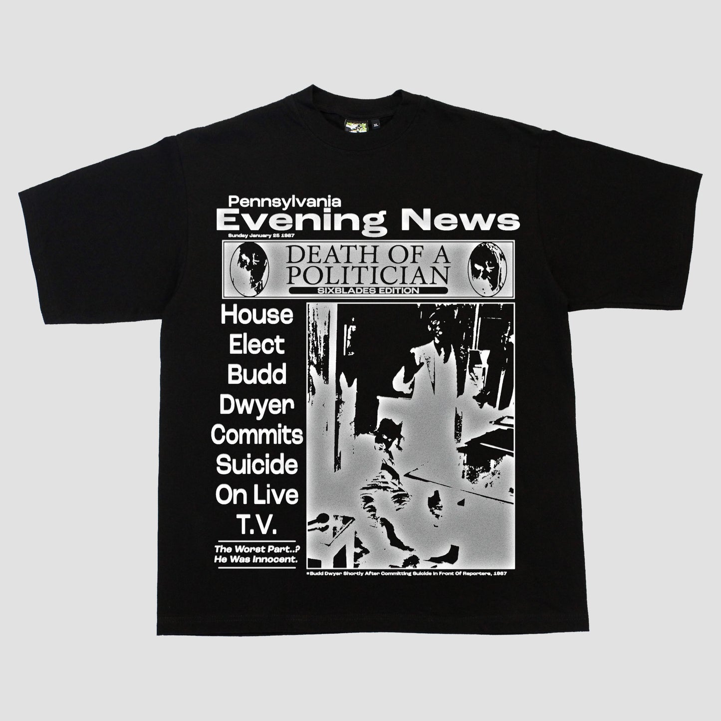 "PENNSYLVANIA EVENING NEWS//DIE LIKE DWYER" HEAVYWEIGHT TEE (BLACK/CHROME)