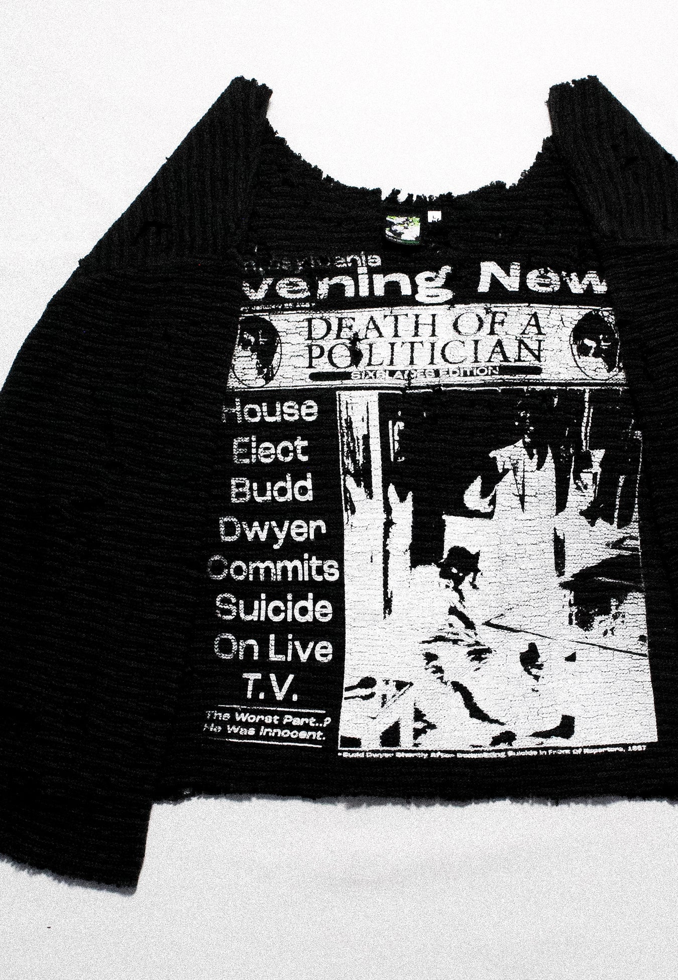 "DIE LIKE DWYER" Thrashed & Cropped Knit Sweater (L)