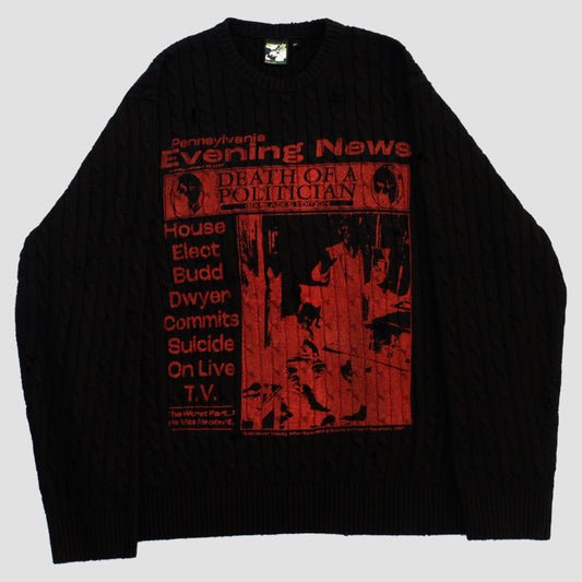 "PENNSYLVANIA EVENING NEWS//DIE LIKE DWYER" Heavyweight Distressed Knit (XL)