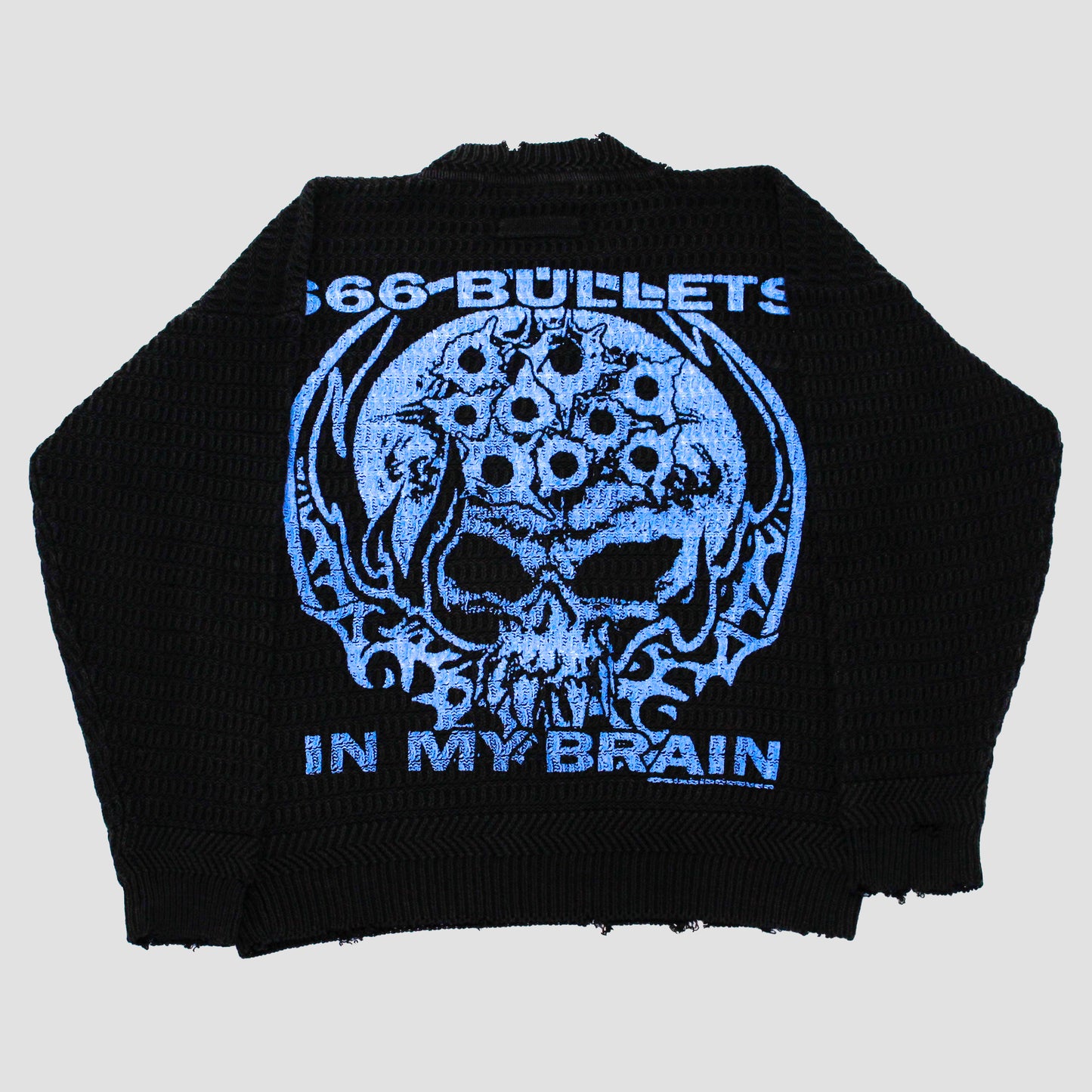 "YOUR LOVE IS A SWITCHBLADE//666 BULLETS" Heavyweight Distressed Knit (M)