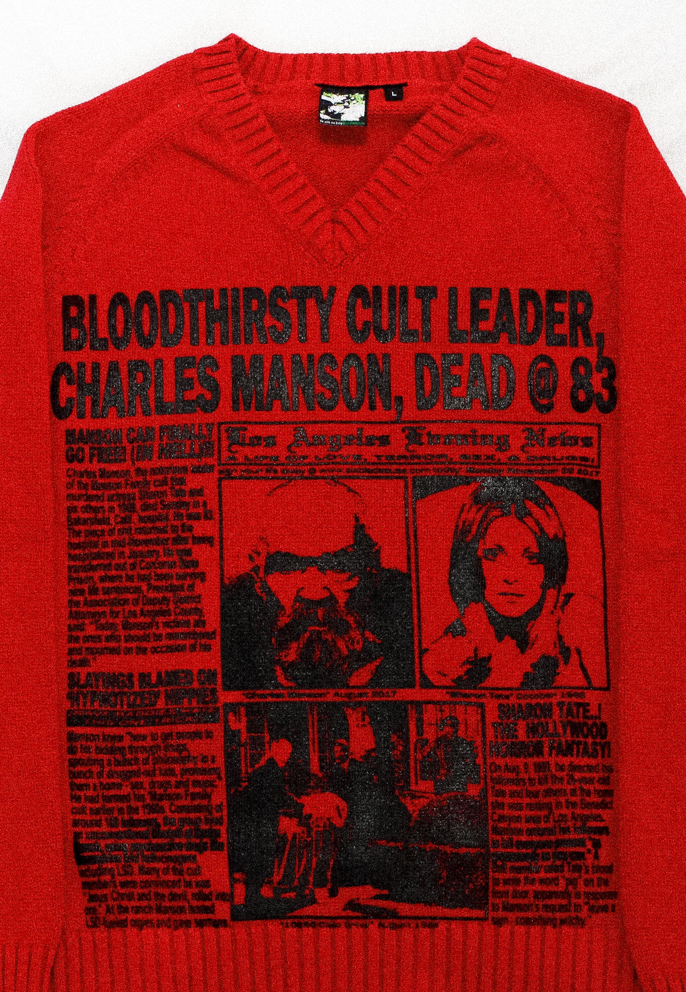"LOS ANGELES EVENING NEWS//LOVE/TERROR/SEX/DRUGS" Heavyweight Knit Sweater (L)