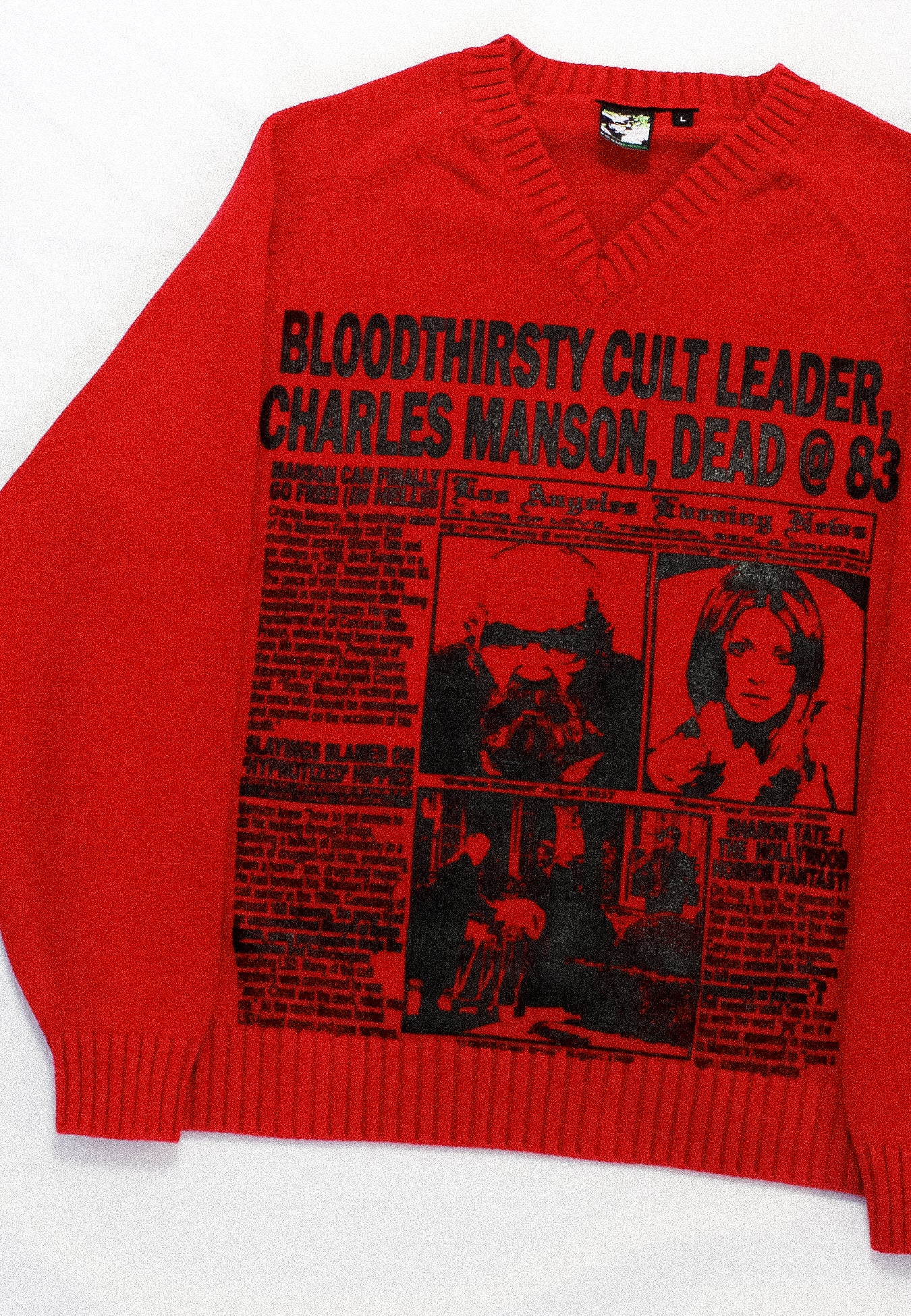 "LOS ANGELES EVENING NEWS//LOVE/TERROR/SEX/DRUGS" Heavyweight Knit Sweater (L)