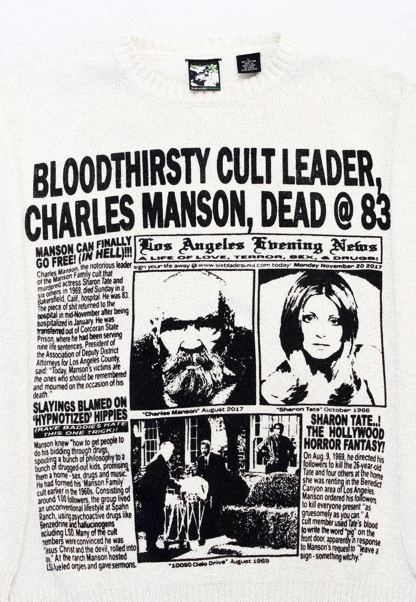 "LOS ANGELES EVENING NEWS//LOVE/TERROR/SEX/DRUGS" Heavyweight Knit Sweater (L)