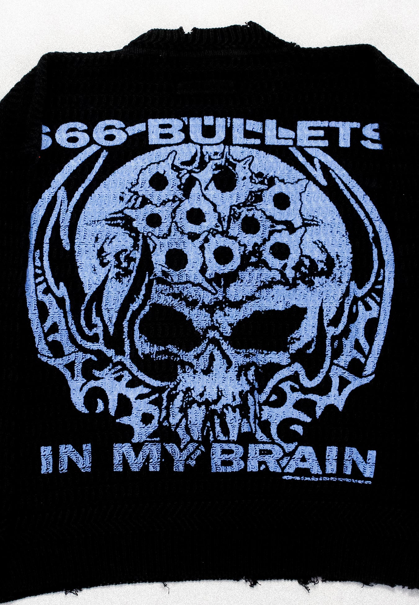 "YOUR LOVE IS A SWITCHBLADE//666 BULLETS" Heavyweight Distressed Knit (M)