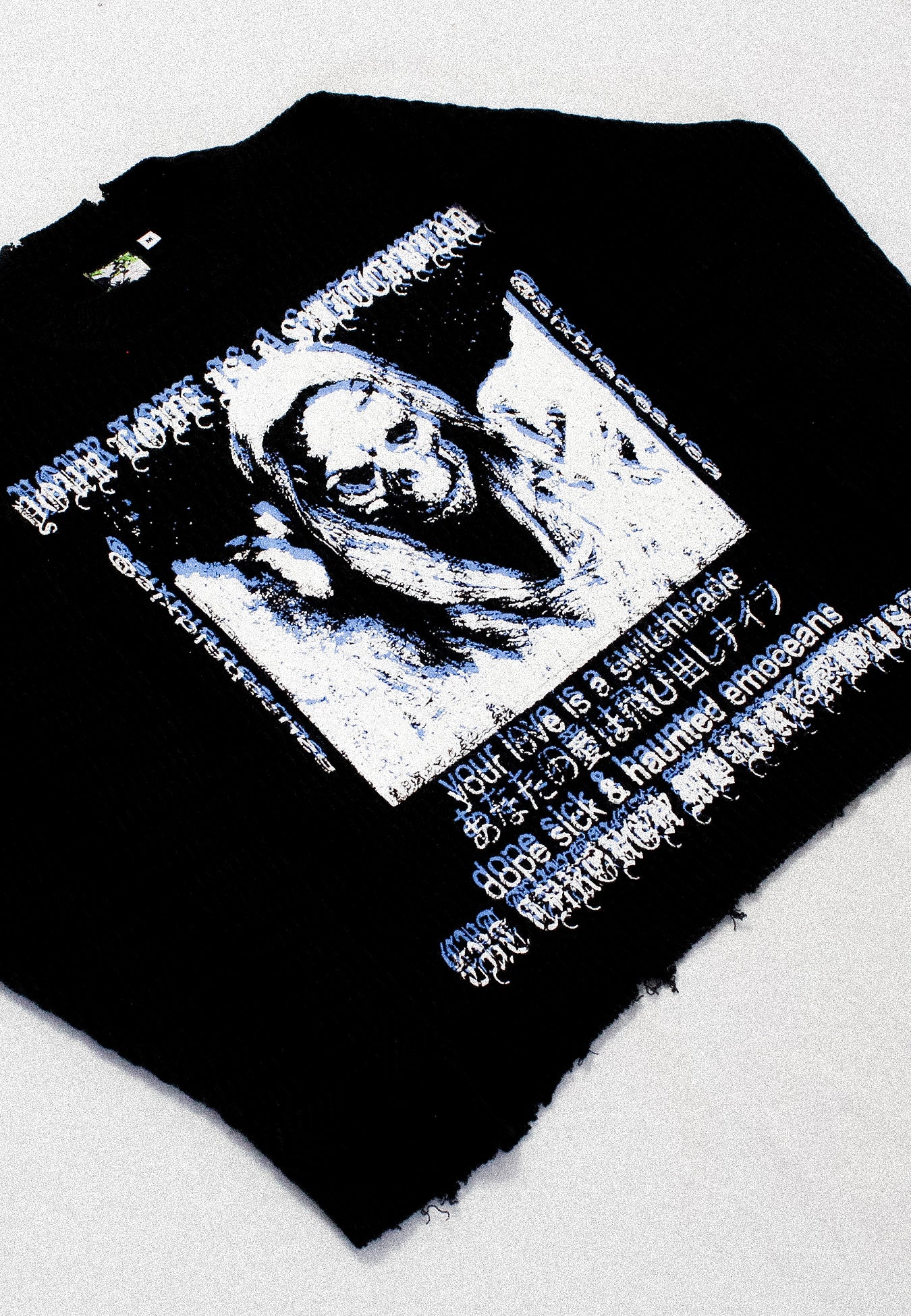 "YOUR LOVE IS A SWITCHBLADE//666 BULLETS" Heavyweight Distressed Knit (M)