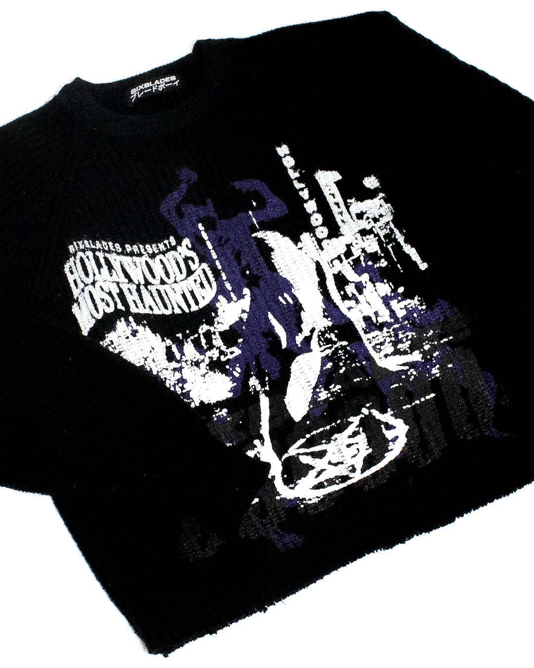 "DEMON BLADES//HOLLYWOOD'S MOST HAUNTED" Cropped Knit Sweater (L)