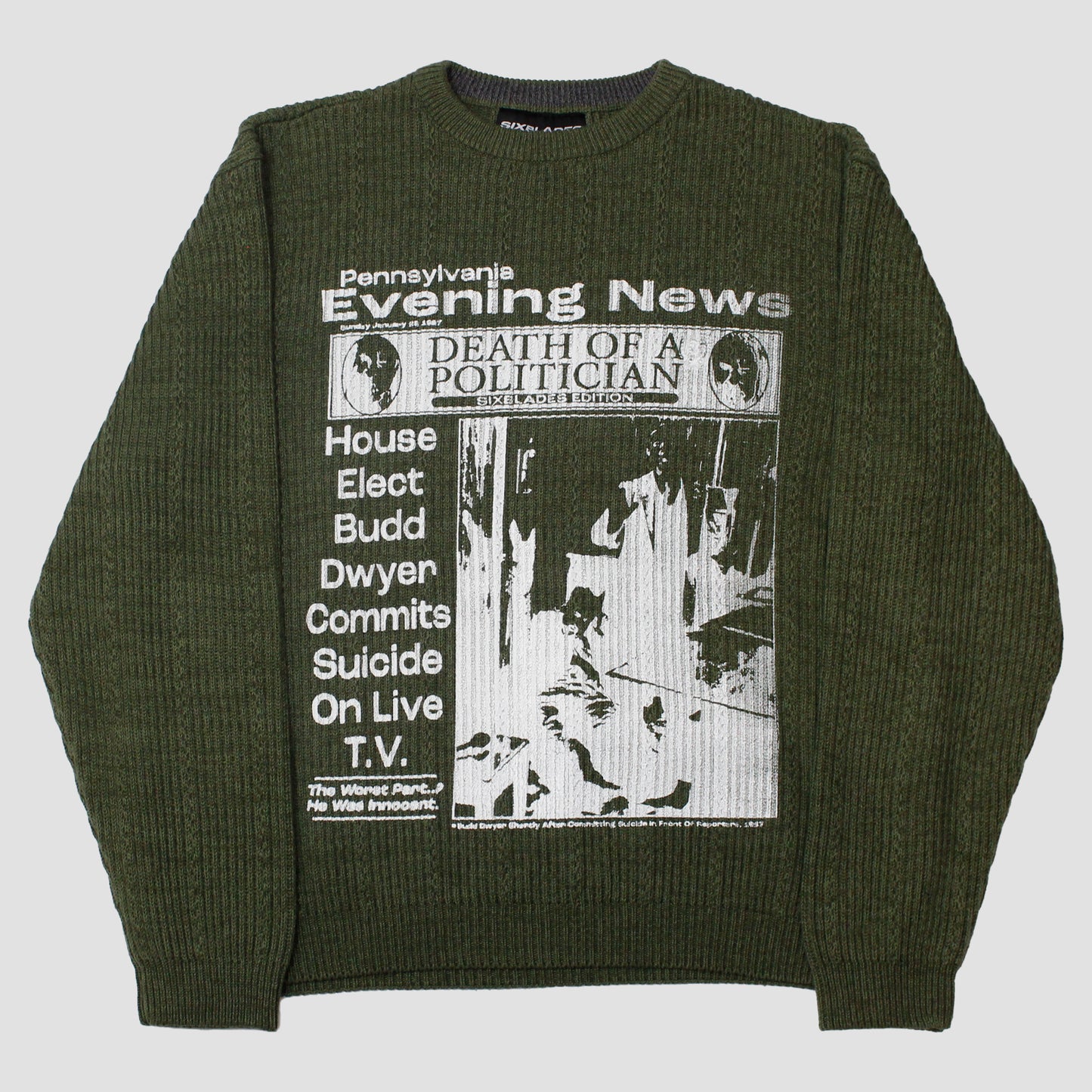 "PENNSYLVANIA EVENING NEWS//DIE LIKE DWYER" Heavyweight Knit Sweater (XL)
