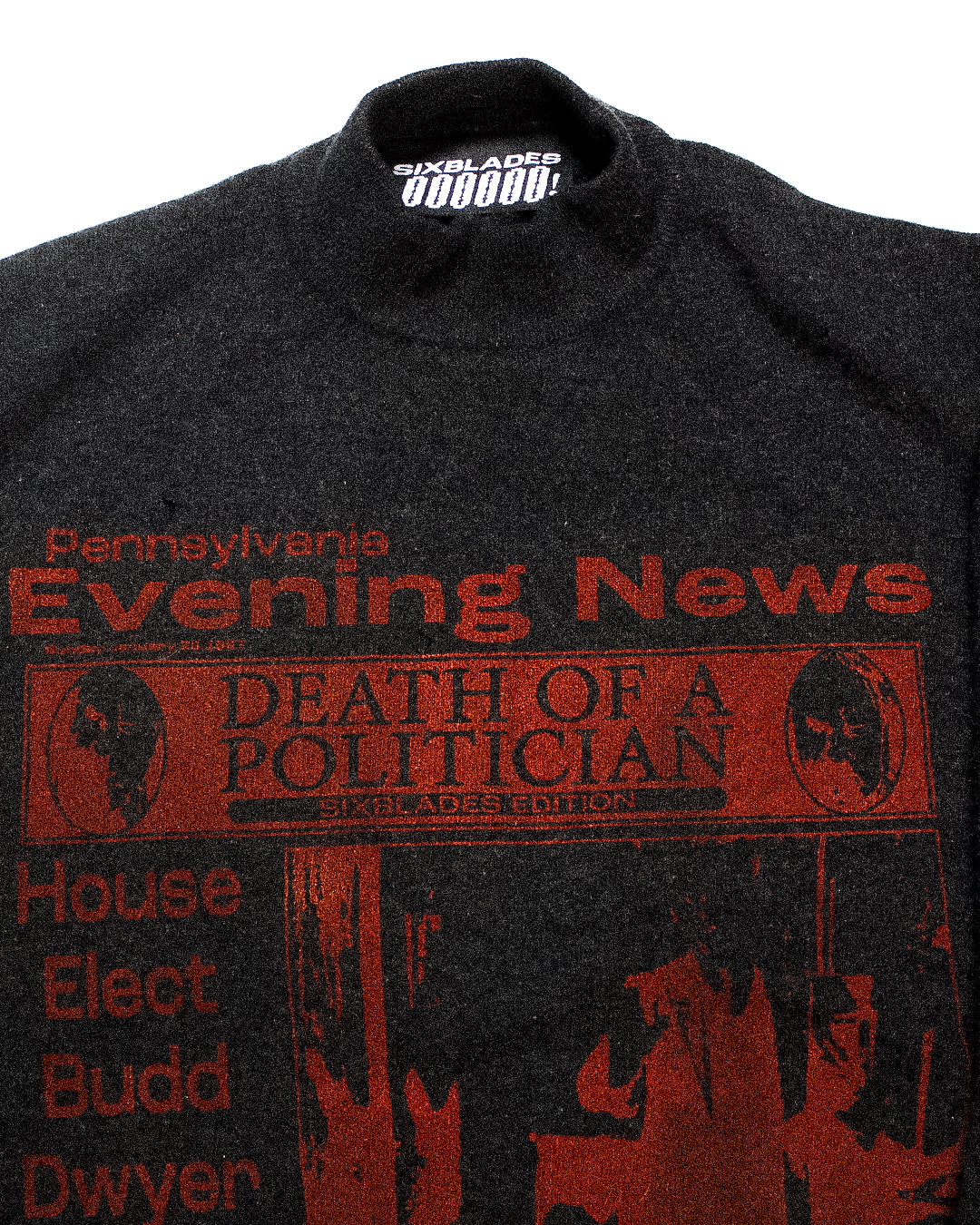 "PENNSYLVANIA EVENING NEWS//DIE LIKE DWYER" Distressed Turtleneck Sweater (L)