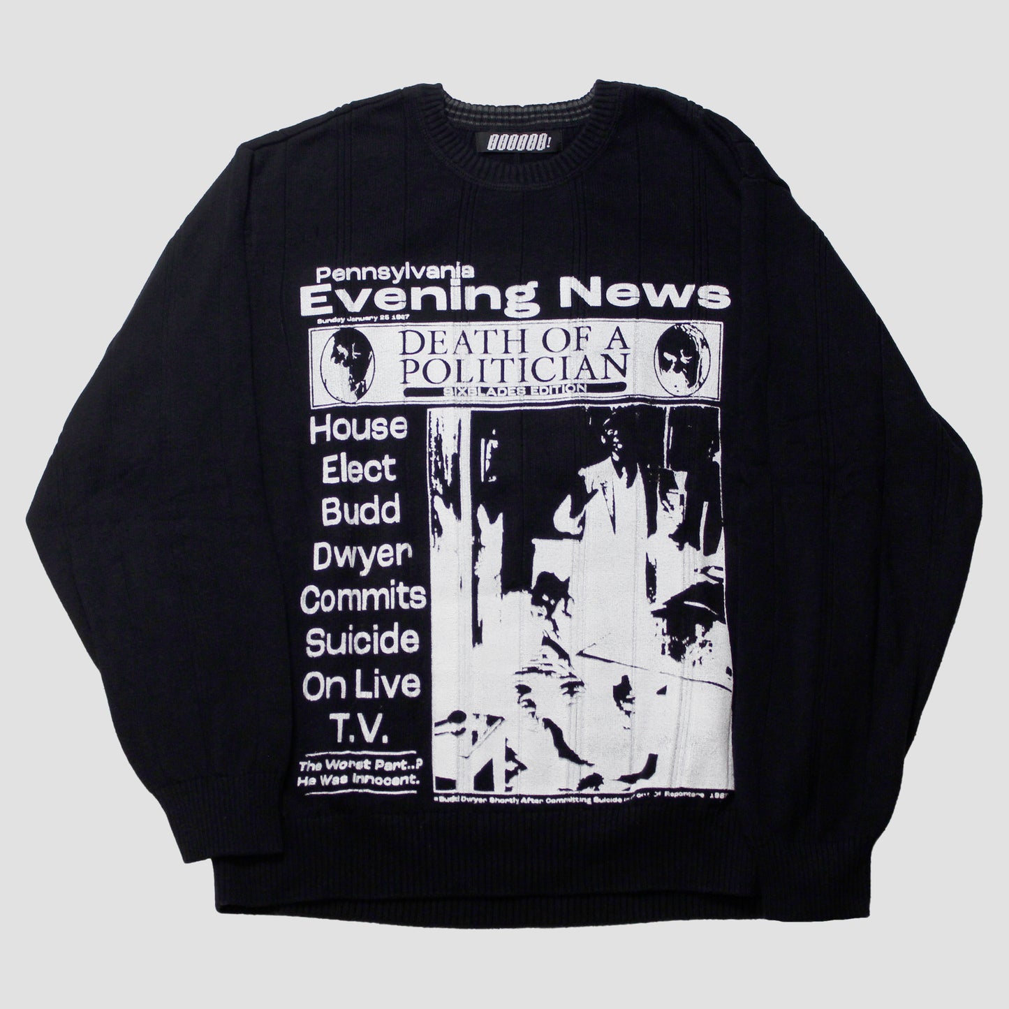 "PENNSYLVANIA EVENING NEWS//DIE LIKE DWYER" Heavyweight Knit Sweater (L)