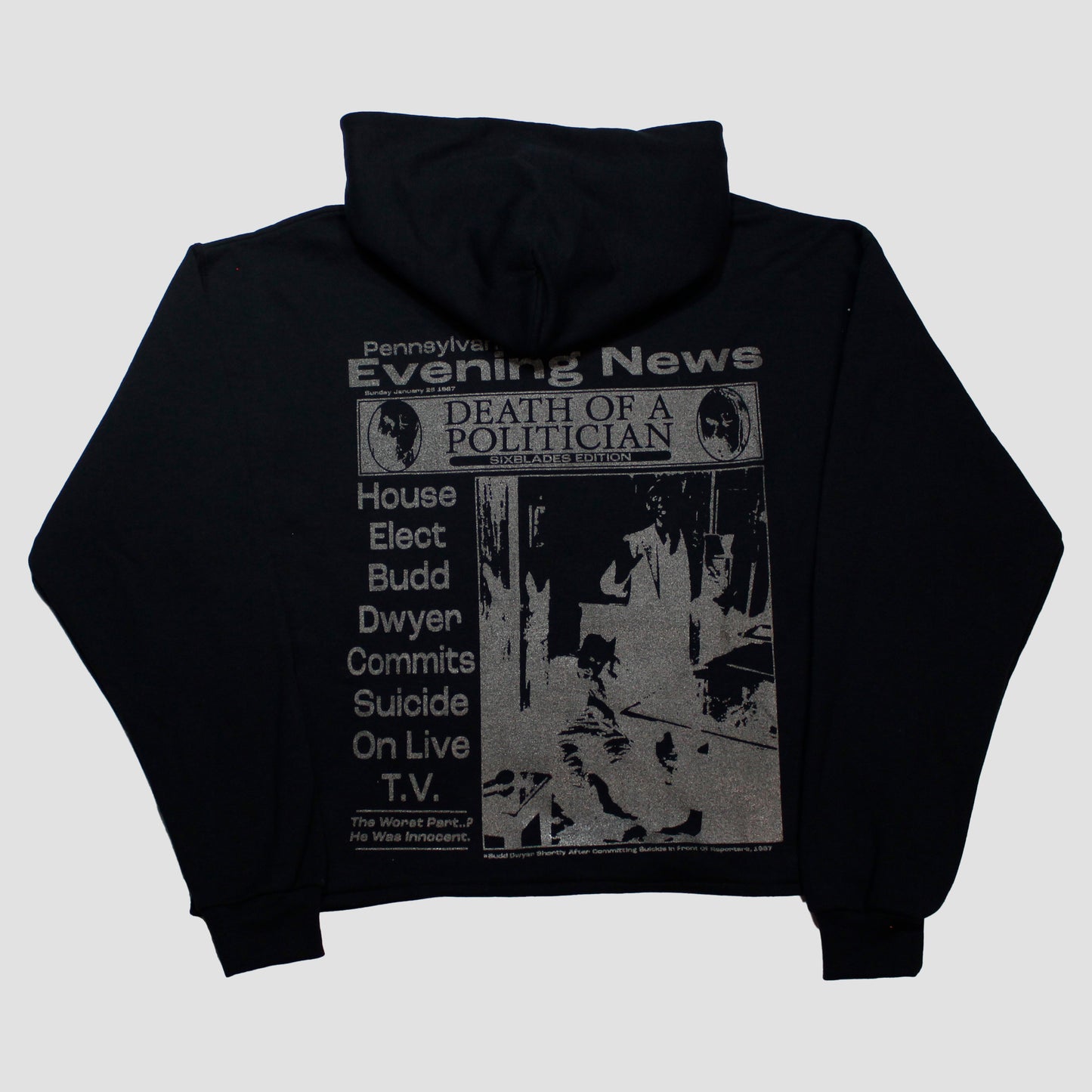 "HURT SOMEONE//PENNSYLVANIA EVENING NEWS" Cropped Hood (L)