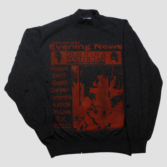 "PENNSYLVANIA EVENING NEWS//DIE LIKE DWYER" Distressed Turtleneck Sweater (L)