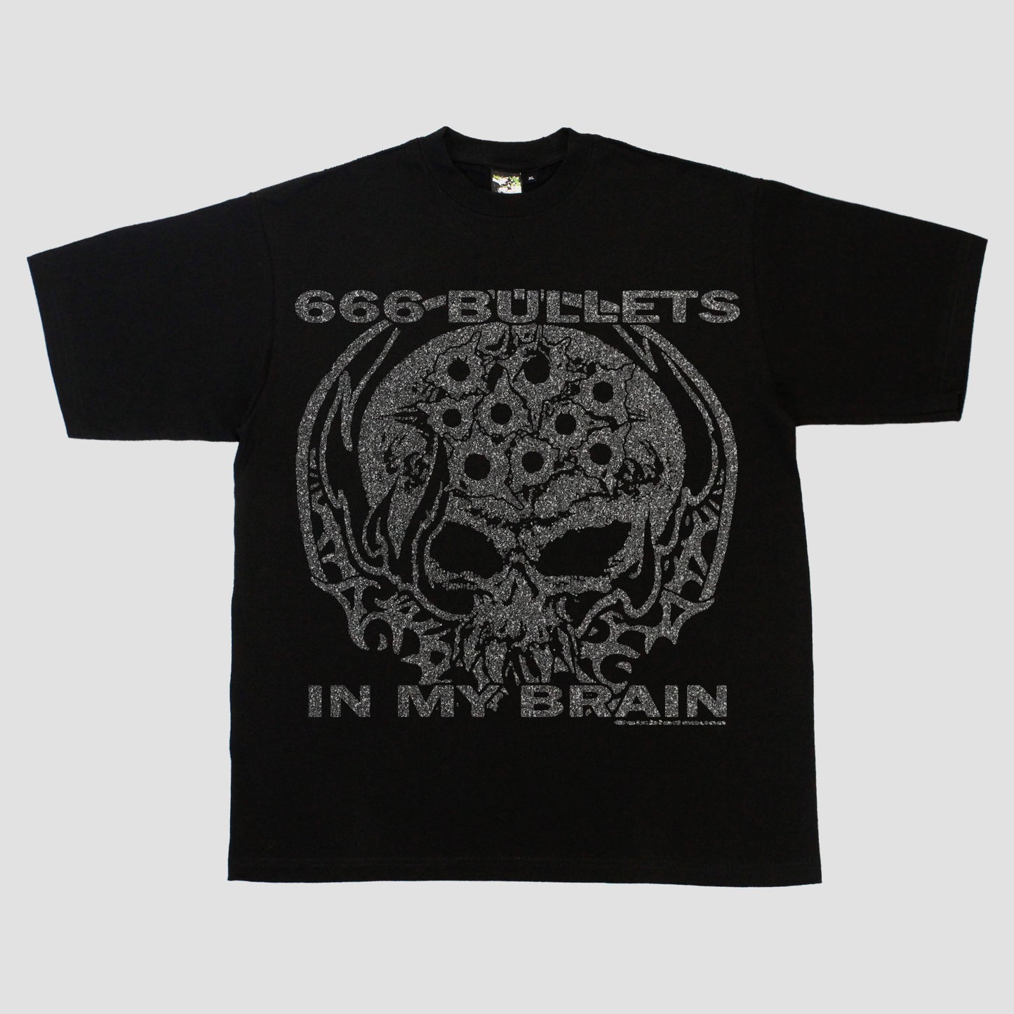 "666 BULLETS IN MY BRAIN" HEAVYWEIGHT TEE (BLACK/GLITTER)