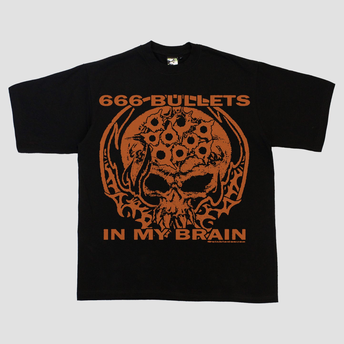 "666 BULLETS IN MY BRAIN" HEAVYWEIGHT TEE (BLACK/ORANGE)