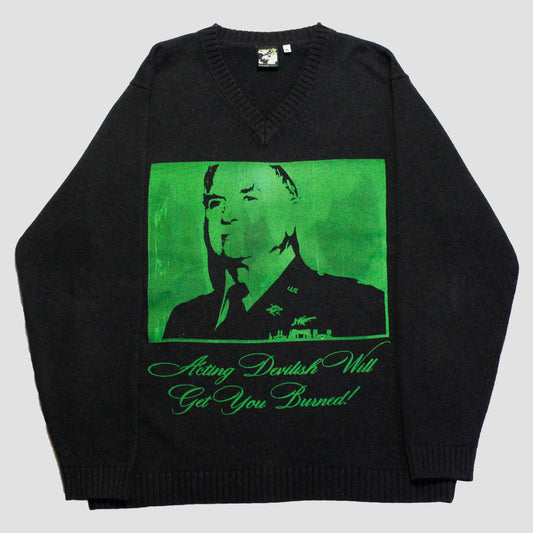 "ACTING DEVILISH WILL GET YOU BURNED" Heavyweight Knit Sweater (XL)