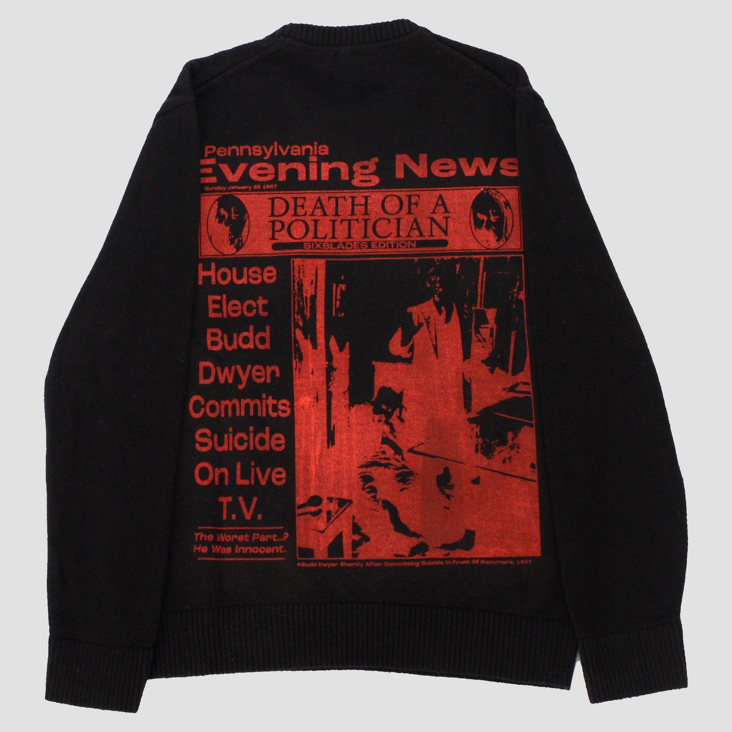 "PENNSYLVANIA EVENING NEWS//DIE LIKE DWYER" Heavyweight Pullover Sweater (M)