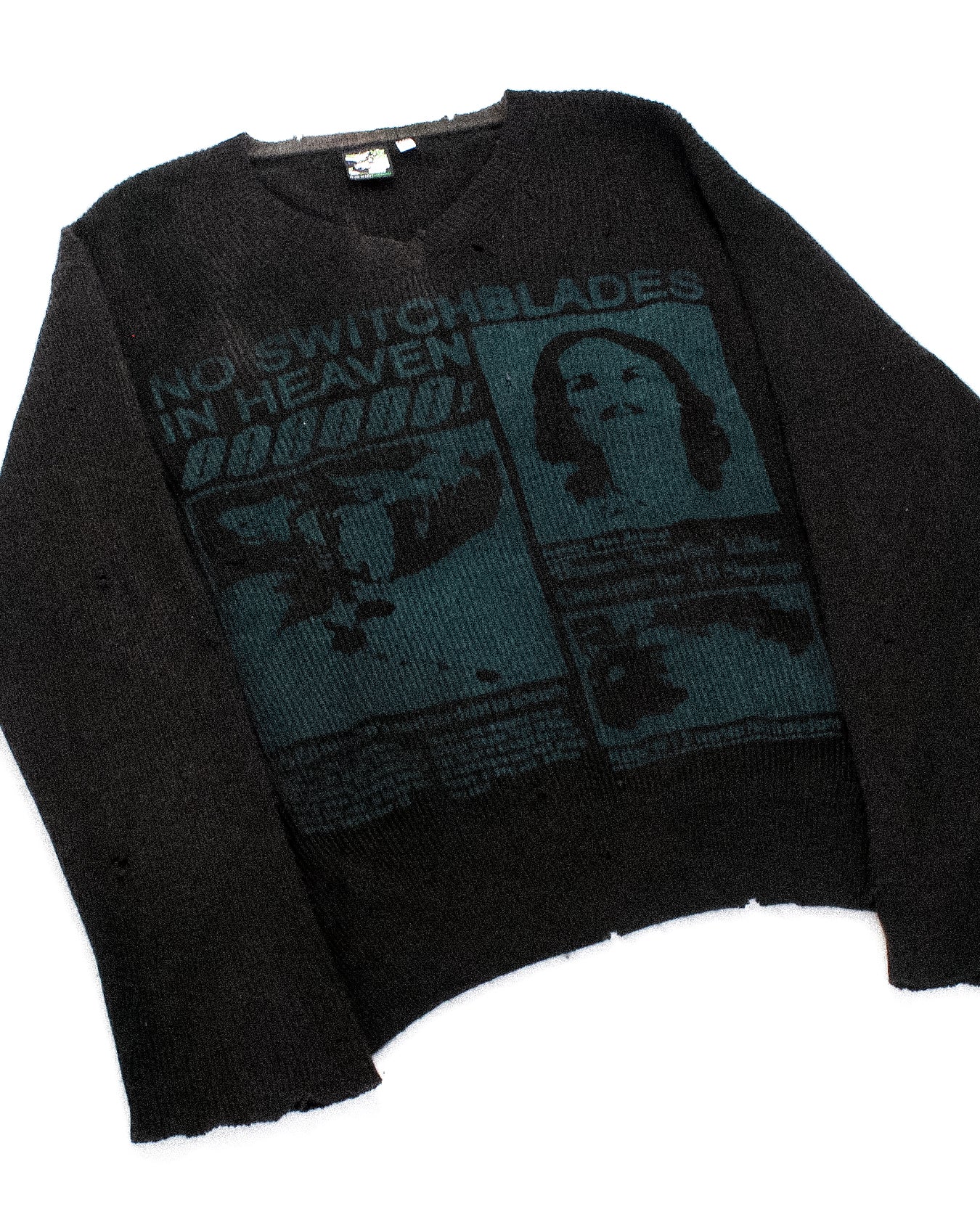"NO SWITCHBLADES IN HEAVEN" Thrashed & Cropped Knit Sweater (XL)