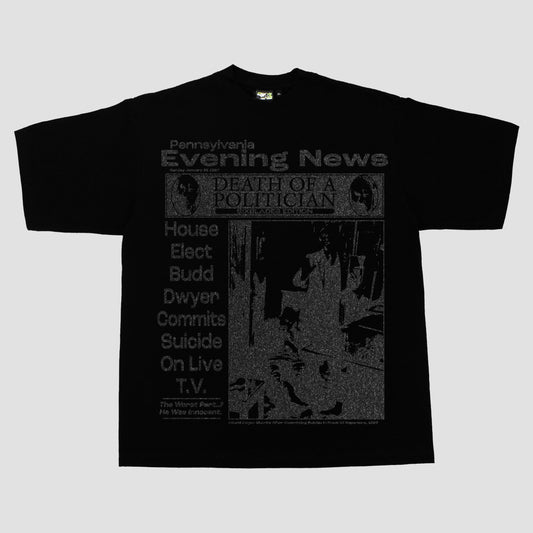 PENNSYLVANIA EVENING NEWS//DIE LIKE DWYER HEAVYWEIGHT TEE (BLACK/GLITTER)