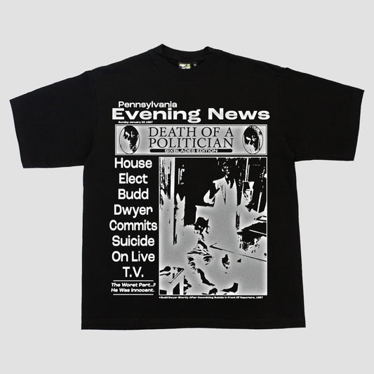 PENNSYLVANIA EVENING NEWS//DIE LIKE DWYER HEAVYWEIGHT TEE (BLACK/CHROME)