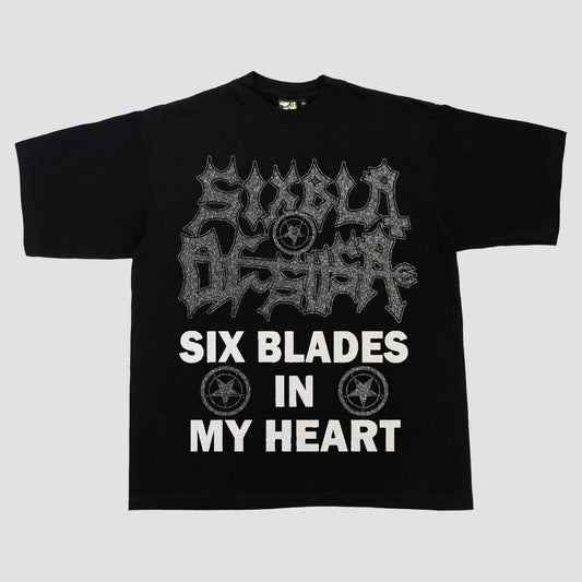 SIX BLADES IN MY HEART HEAVYWEIGHT TEE (BLACK/WHITE/GLITTER)