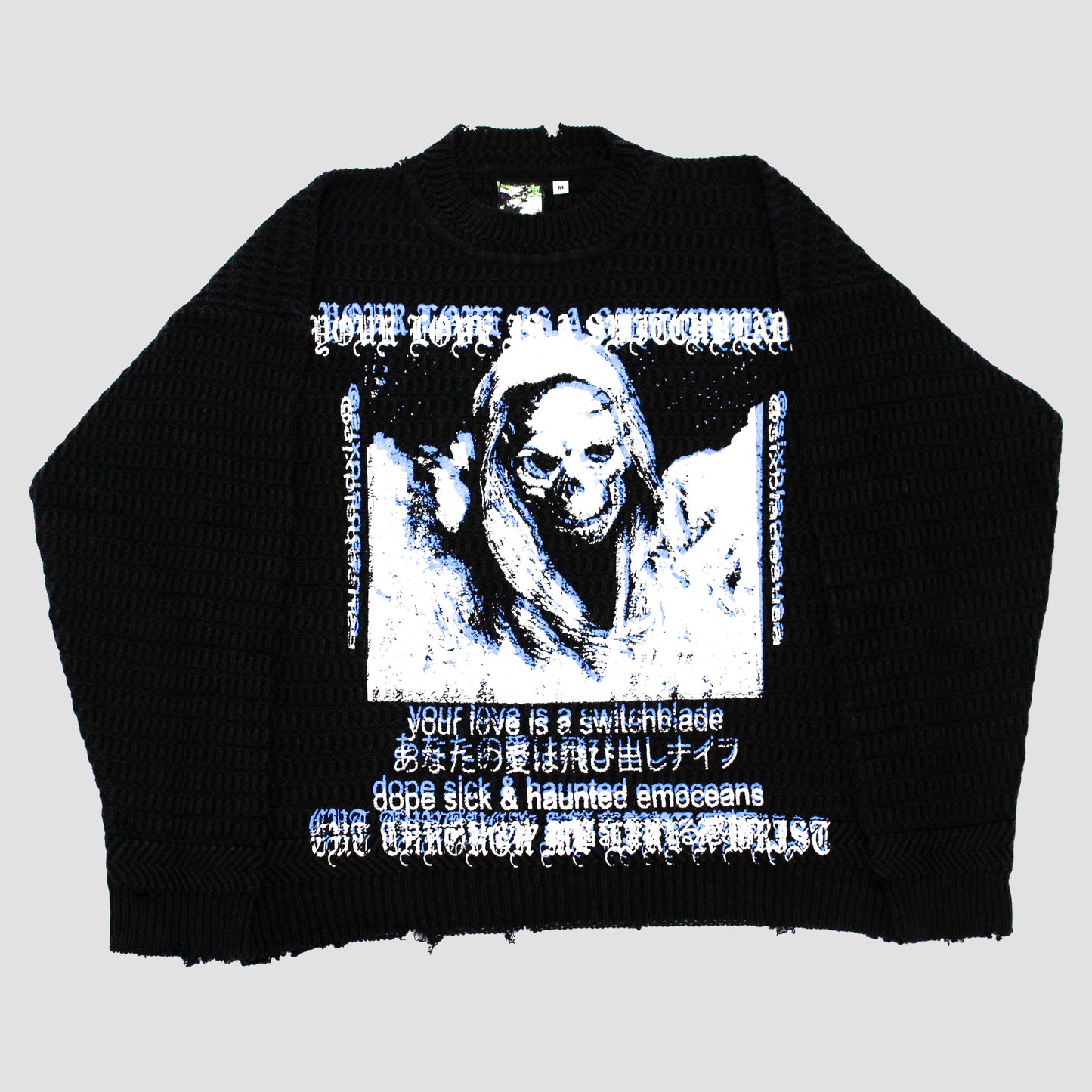"YOUR LOVE IS A SWITCHBLADE//666 BULLETS" Heavyweight Distressed Knit (M)