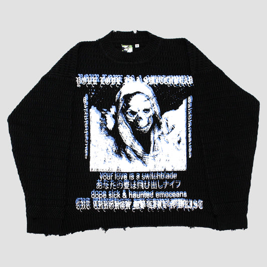 "YOUR LOVE IS A SWITCHBLADE//666 BULLETS" Heavyweight Distressed Knit (M)