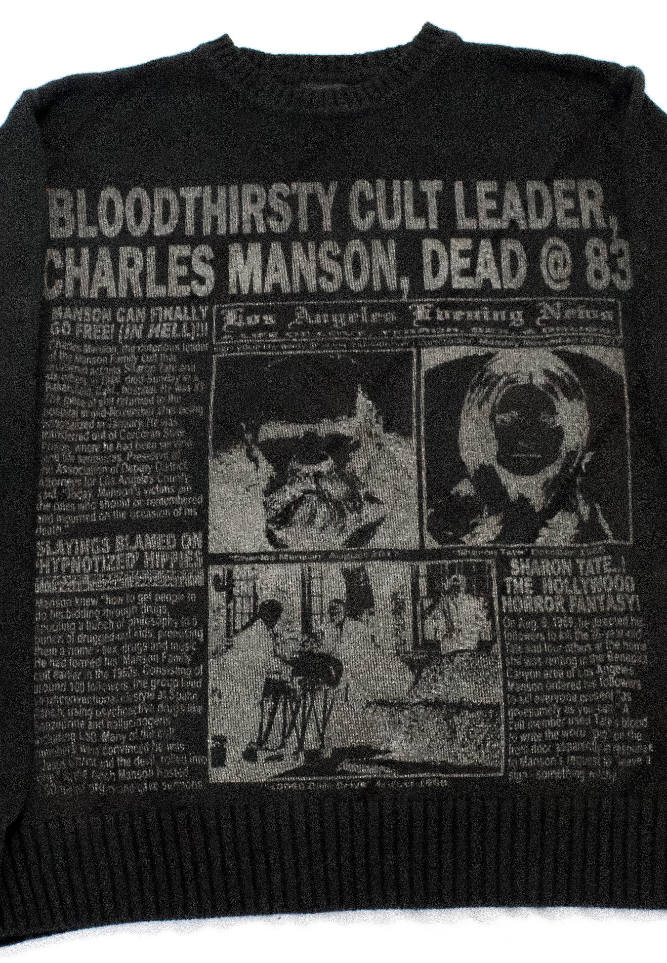 "LOS ANGELES EVENING NEWS//LOVE/TERROR/SEX/DRUGS" Pullover Knit Sweater (M)