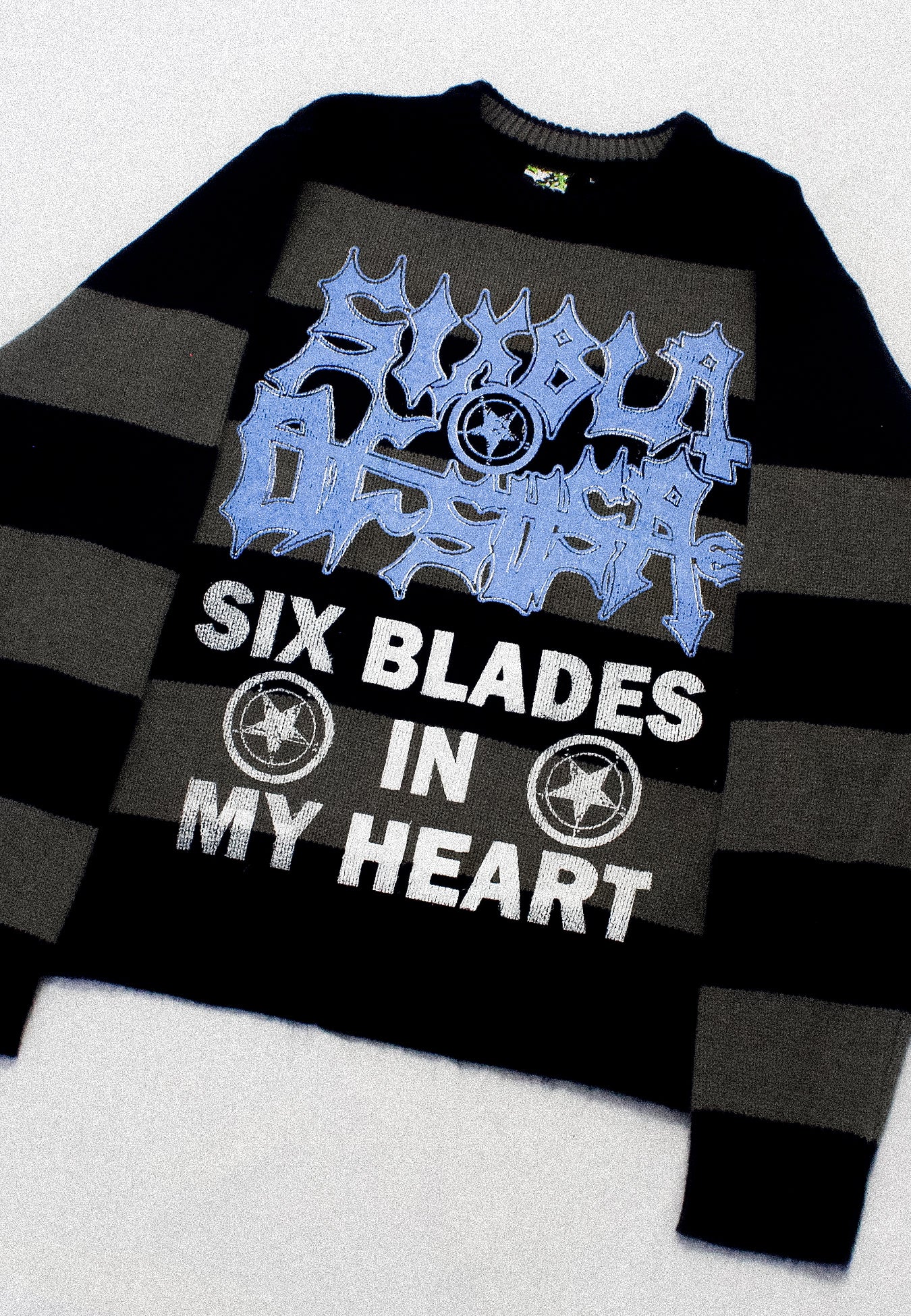 "SIX BLADES IN MY HEART" Pullover Striped Knit (L)