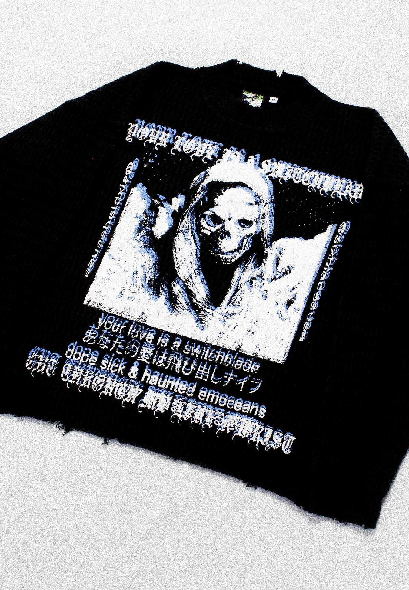 "YOUR LOVE IS A SWITCHBLADE//666 BULLETS" Heavyweight Distressed Knit (M)