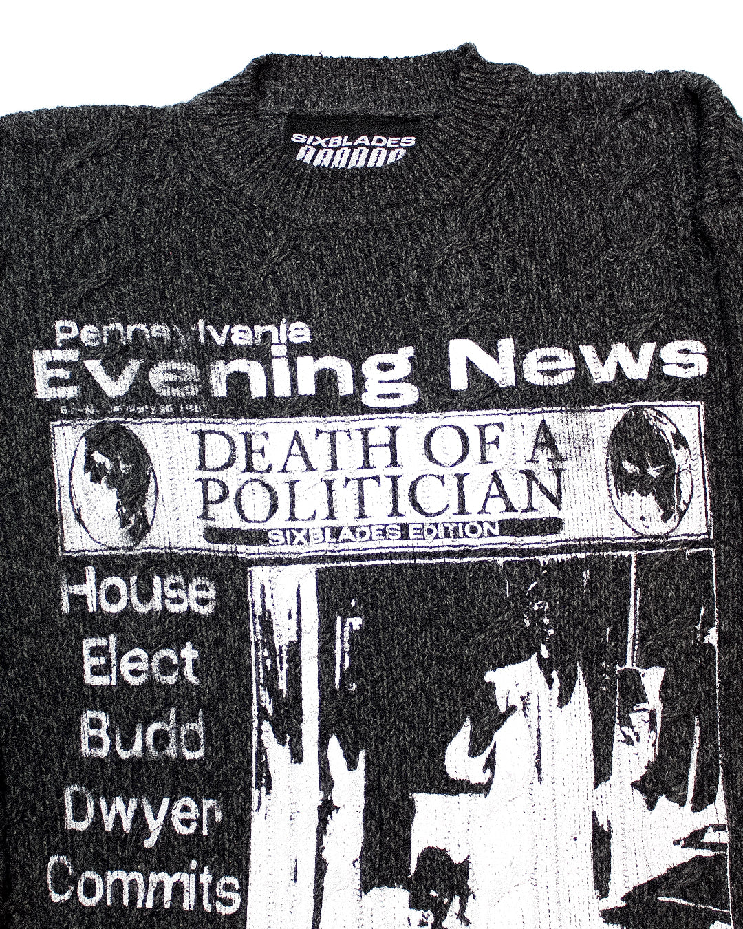 "PENNSYLVANIA EVENING NEWS//DIE LIKE DWYER" Heavyweight Knit Sweater (L)