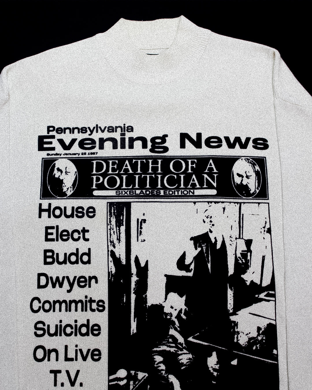 "PENNSYLVANIA EVENING NEWS//DIE LIKE DWYER" Heavyweight Turtleneck Sweater (L)